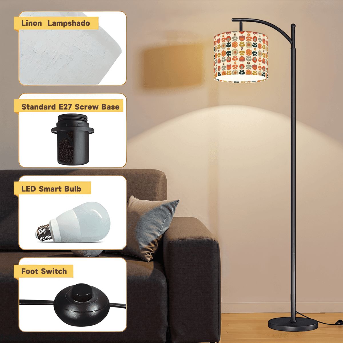 Mid Mod Scandinavian Modern Danish Floral Retro Arc Floor Lamp - Mid Century Modern Gal