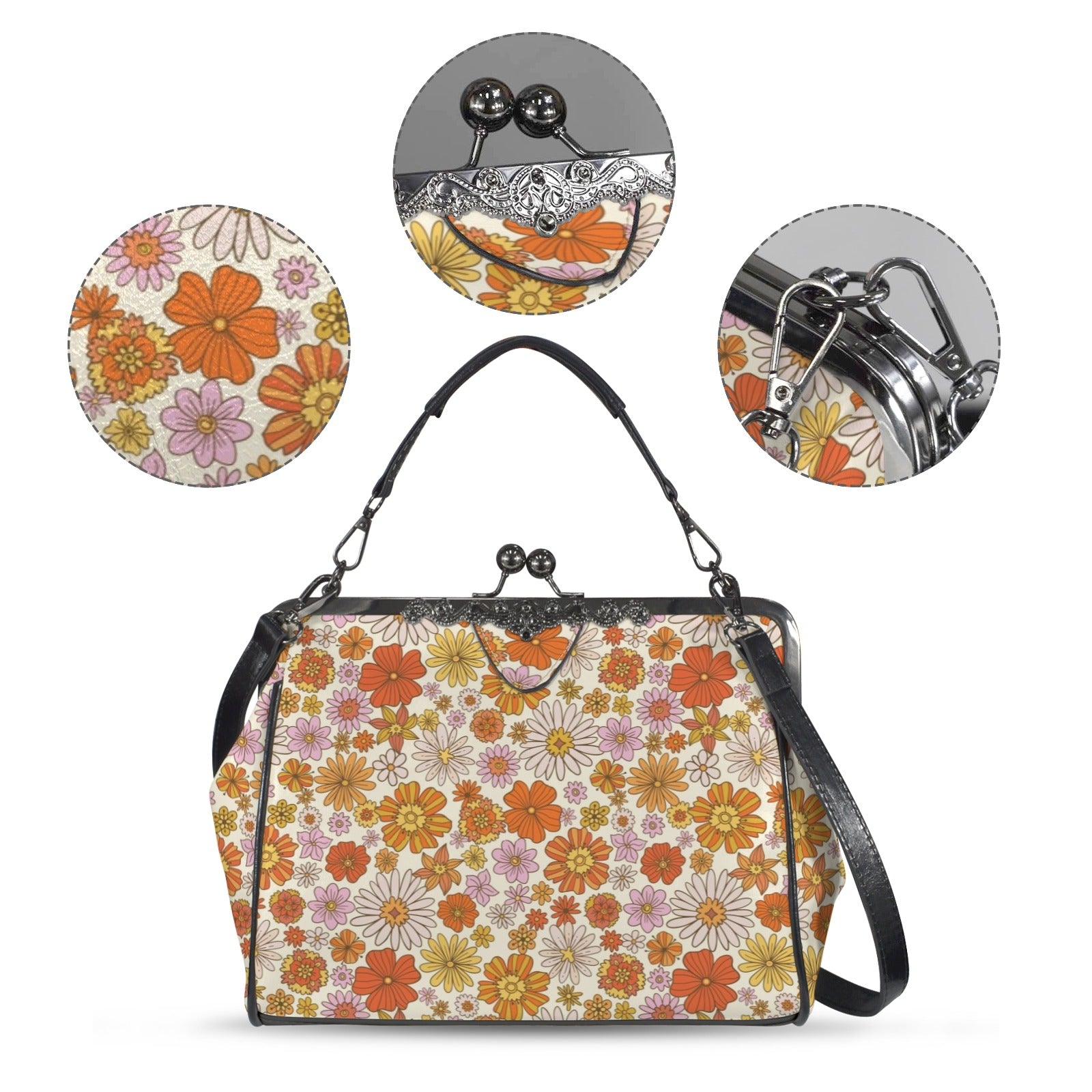 Groovy 60s Flower Power Orange Pink Yellow Floral Mid Century Modern Kisslock Crossbody Purse - Mid Century Modern Gal