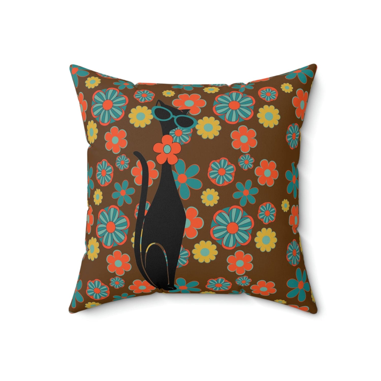 Flower Power, Groovy Atomic Hippie Cat, Brown, Orange, Teal Yellow Retro Square Pillow Home Decor