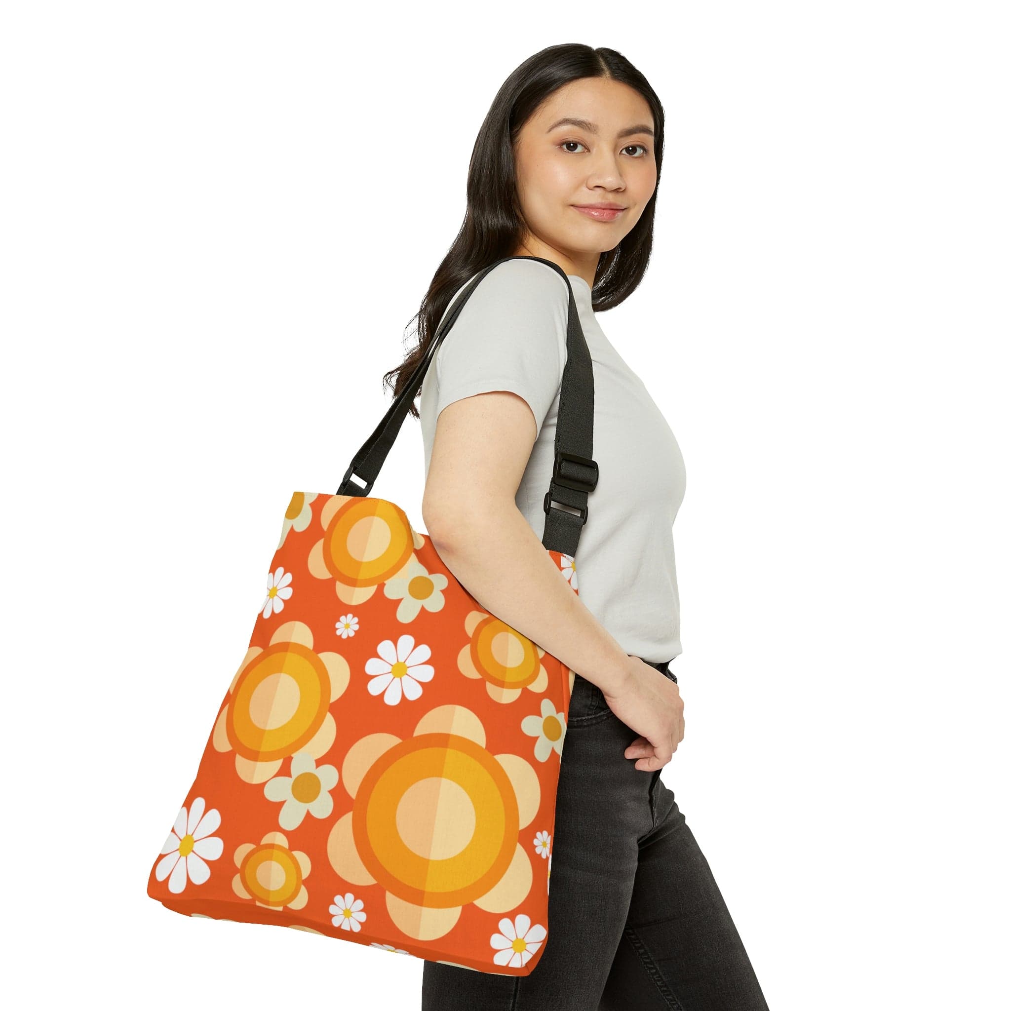 Flower Power Groovy Orange, Mod Daisy, Yellow Flowers Hip Retro Adjustable Tote Bag Bags