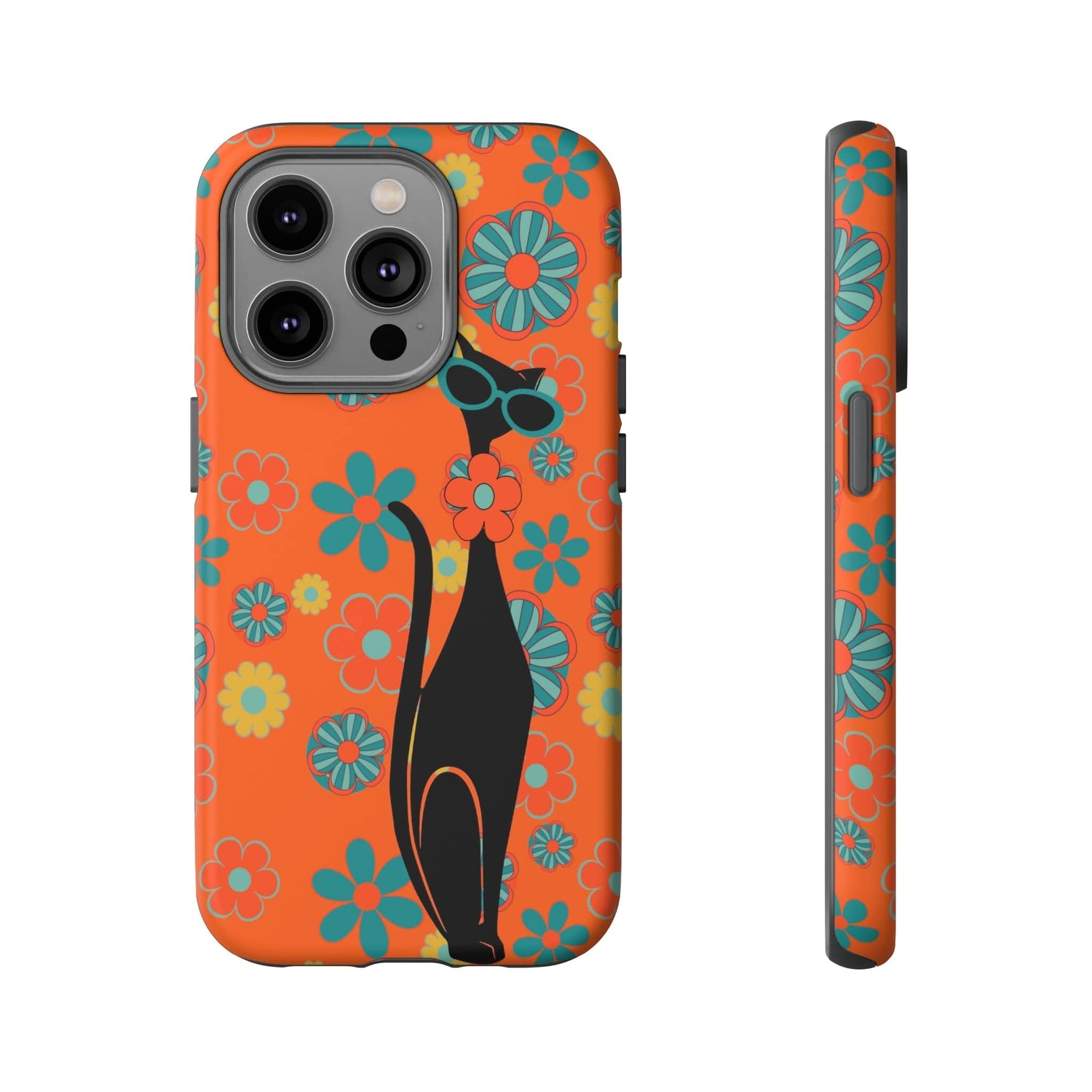 Flower Power, Retro Groovy Atomic Cat, Hipster Style Orange Samsung Galaxy and Google Pixel Tough Cases Phone Case