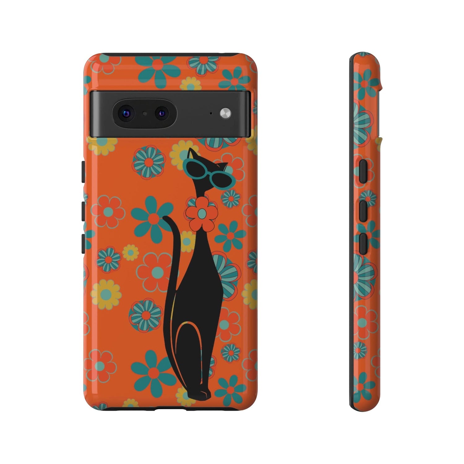 Flower Power, Retro Groovy Atomic Cat, Hipster Style Orange Samsung Galaxy and Google Pixel Tough Cases Phone Case