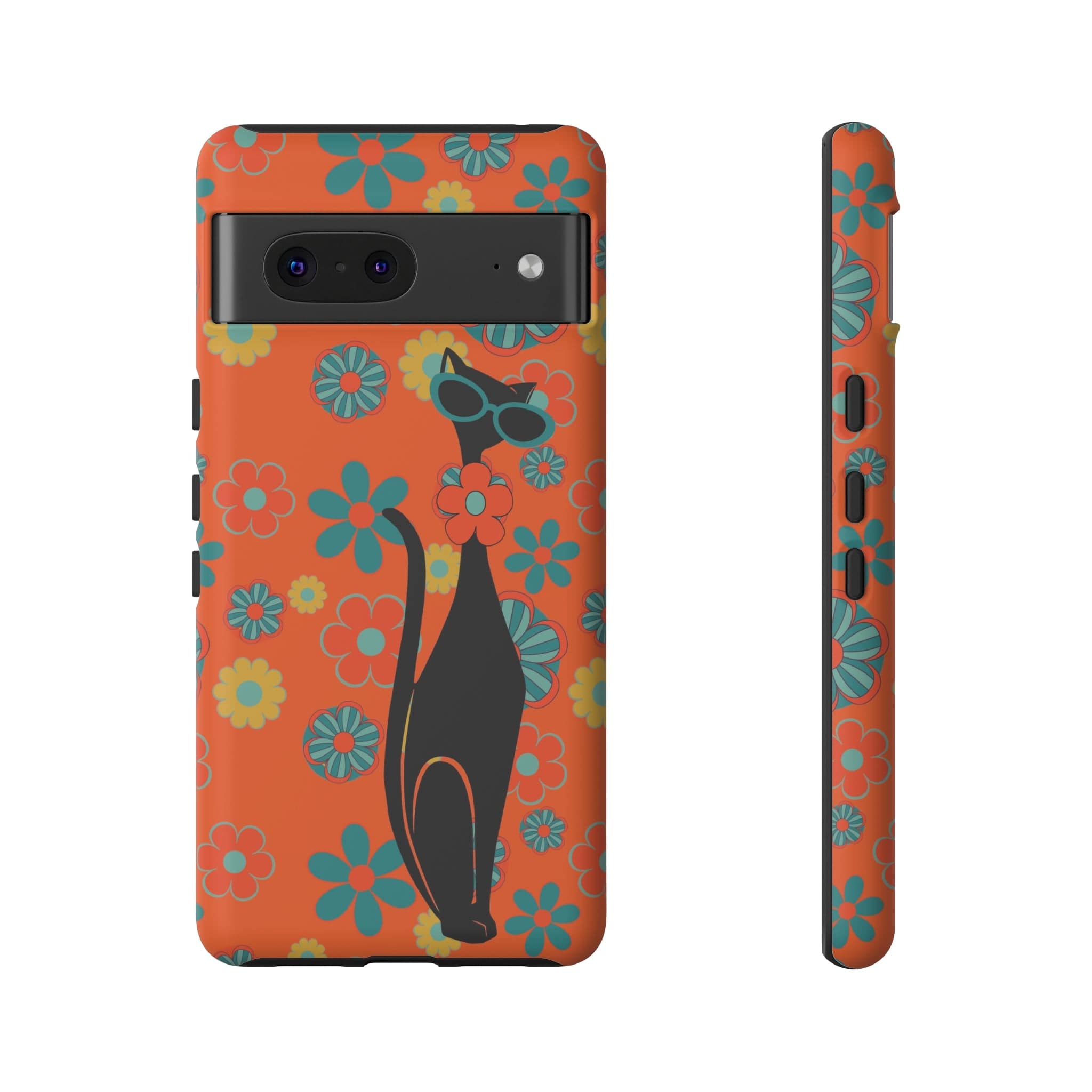 Flower Power, Retro Groovy Atomic Cat, Hipster Style Orange Samsung Galaxy and Google Pixel Tough Cases Phone Case