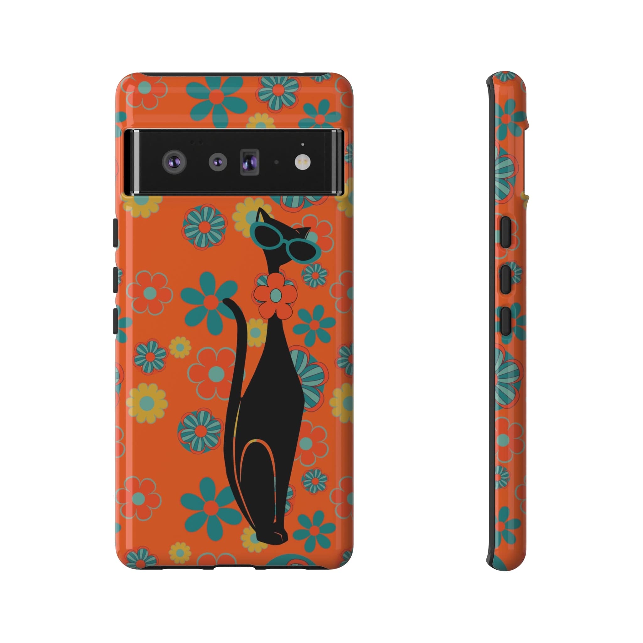 Flower Power, Retro Groovy Atomic Cat, Hipster Style Orange Samsung Galaxy and Google Pixel Tough Cases Phone Case