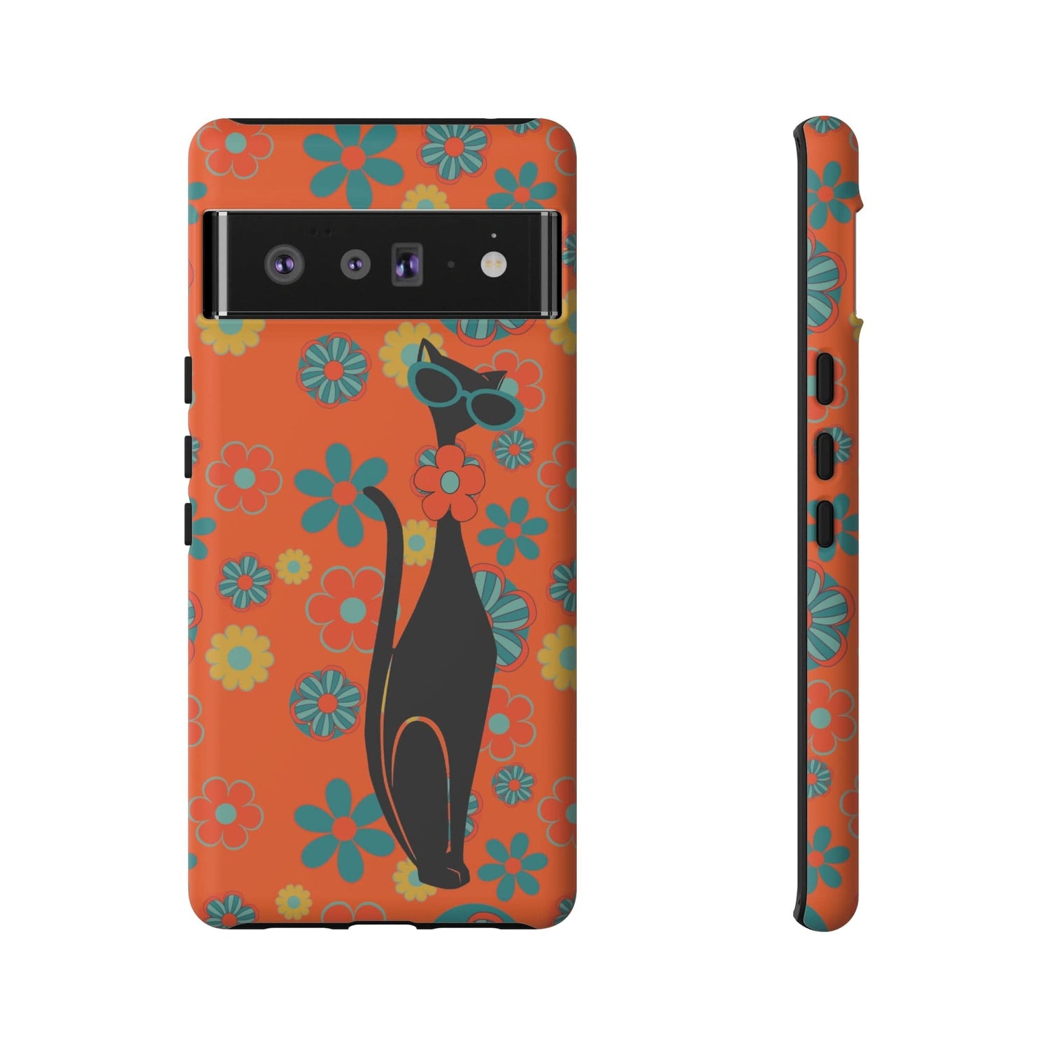 Flower Power, Retro Groovy Atomic Cat, Hipster Style Orange Samsung Galaxy and Google Pixel Tough Cases Phone Case