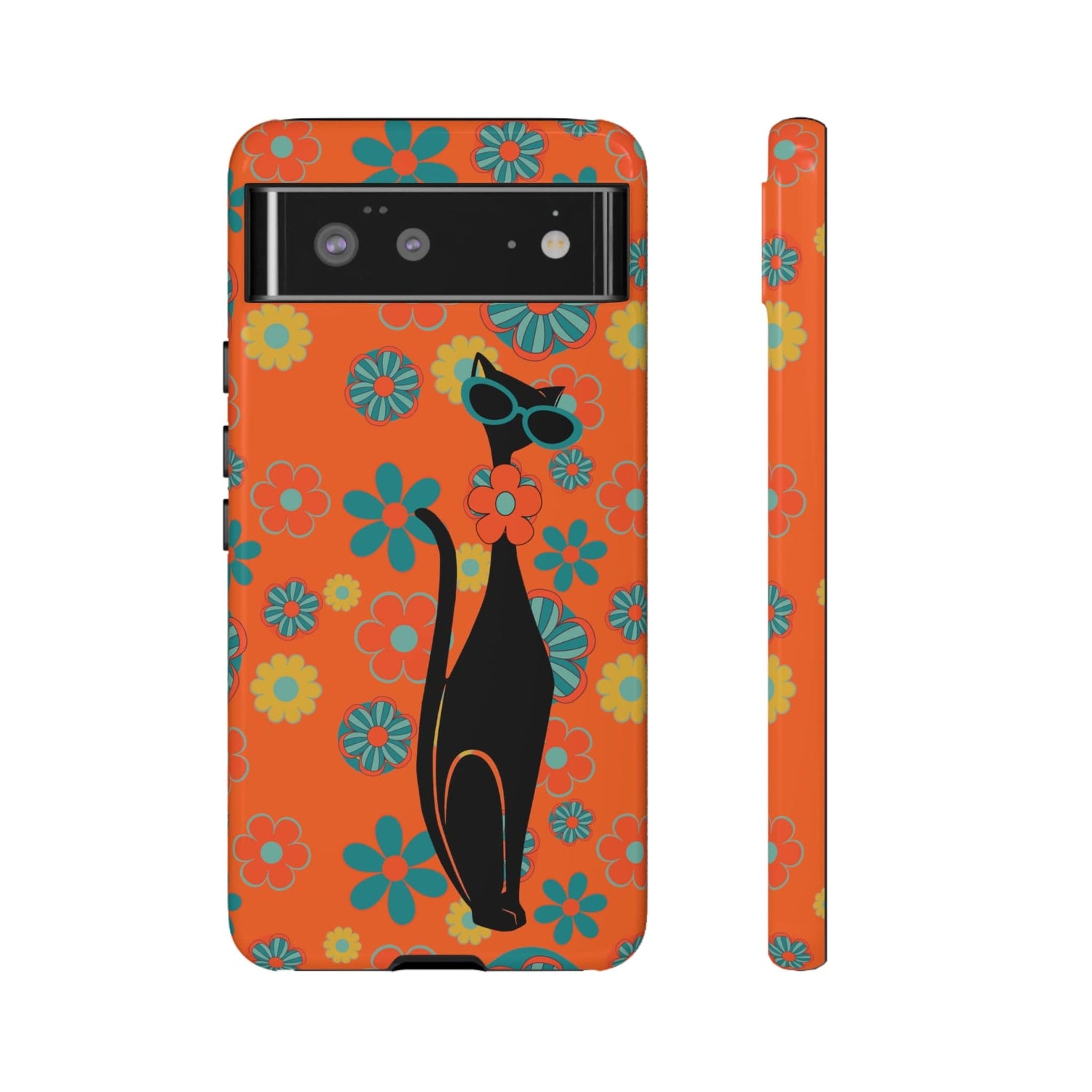 Flower Power, Retro Groovy Atomic Cat, Hipster Style Orange Samsung Galaxy and Google Pixel Tough Cases Phone Case