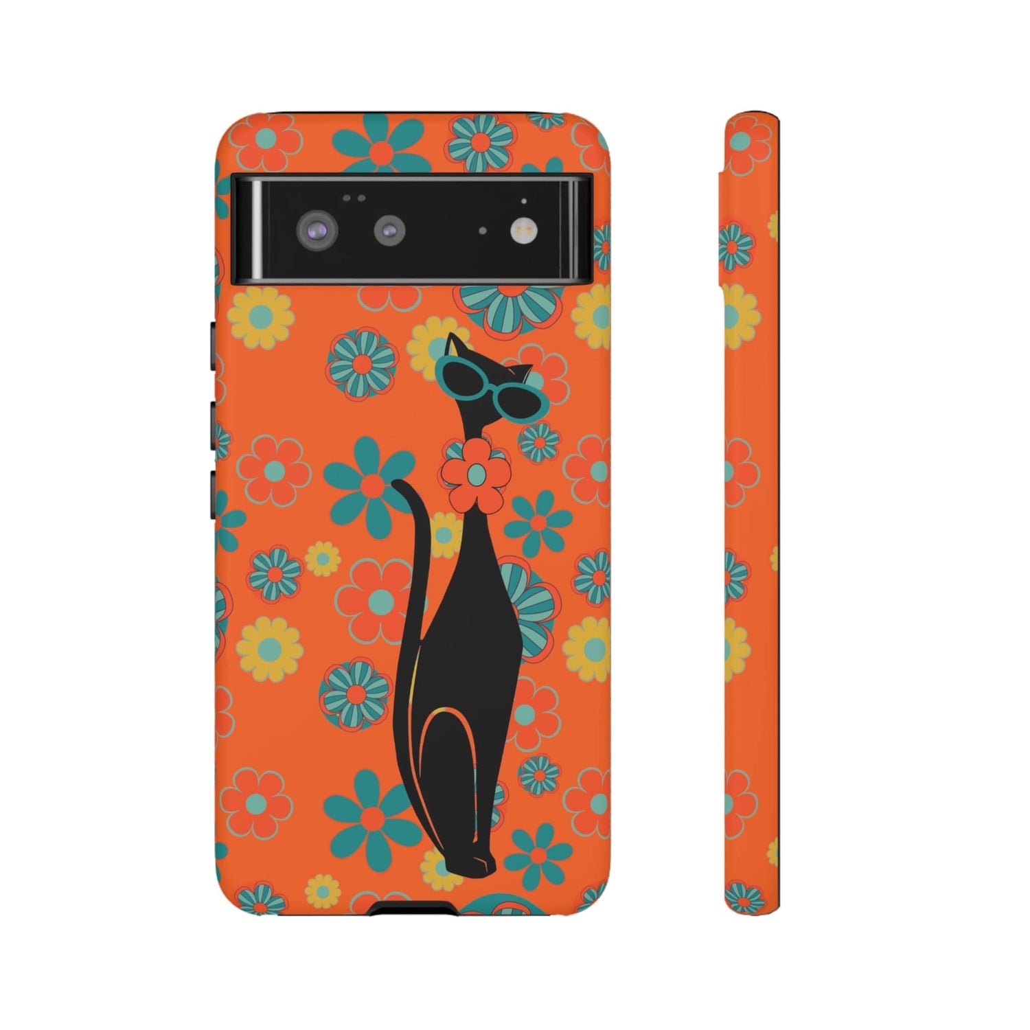 Flower Power, Retro Groovy Atomic Cat, Hipster Style Orange Samsung Galaxy and Google Pixel Tough Cases Phone Case