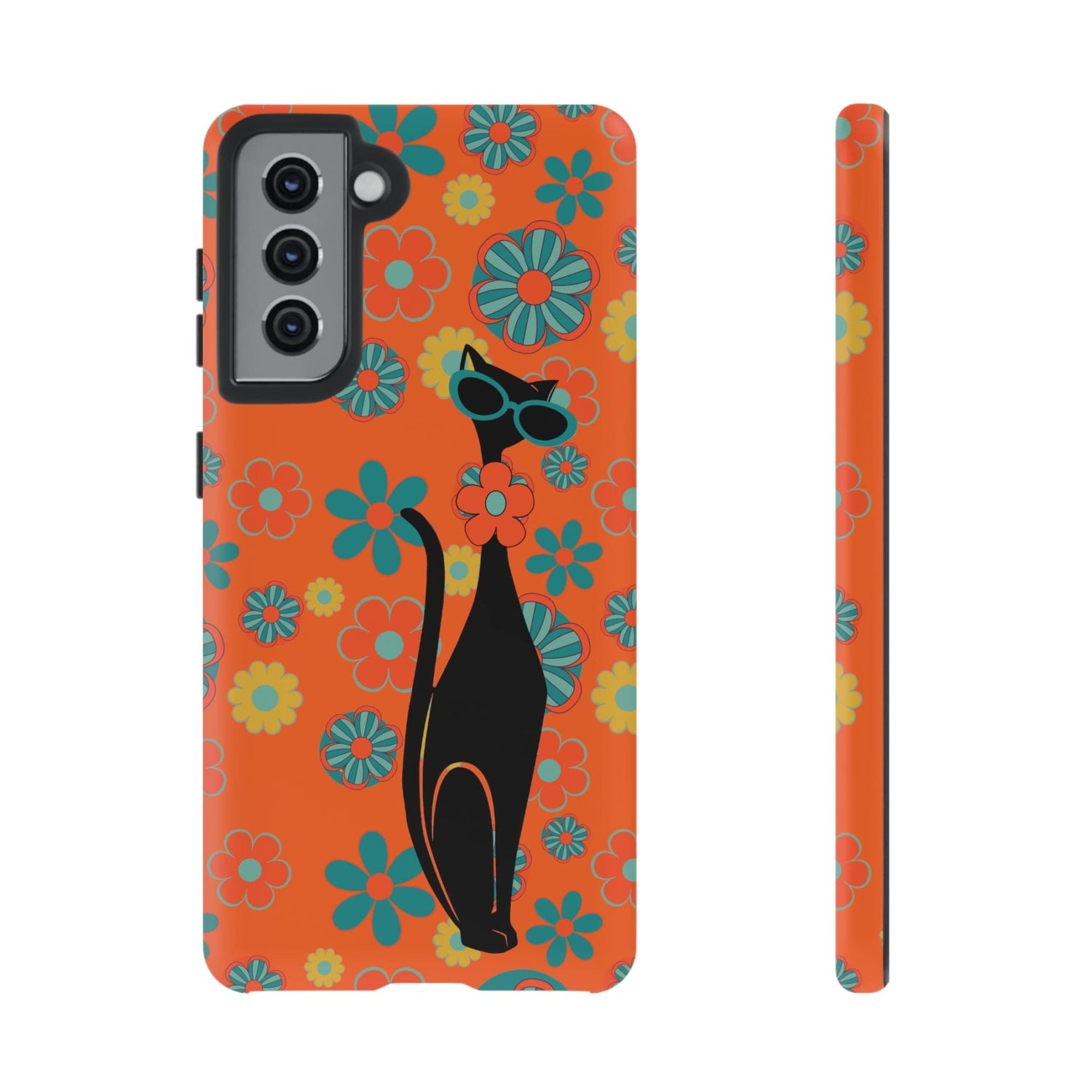Flower Power, Retro Groovy Atomic Cat, Hipster Style Orange Samsung Galaxy and Google Pixel Tough Cases Phone Case