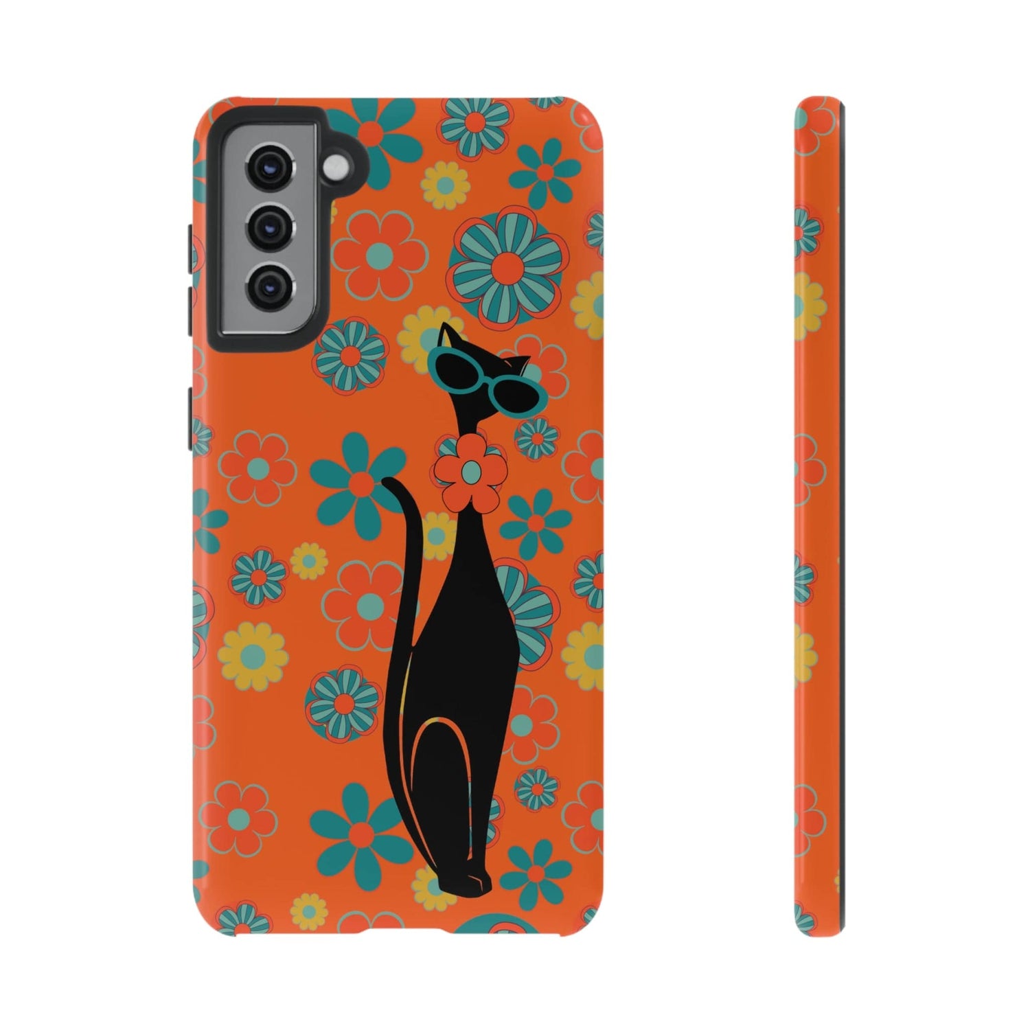 Flower Power, Retro Groovy Atomic Cat, Hipster Style Orange Samsung Galaxy and Google Pixel Tough Cases Phone Case