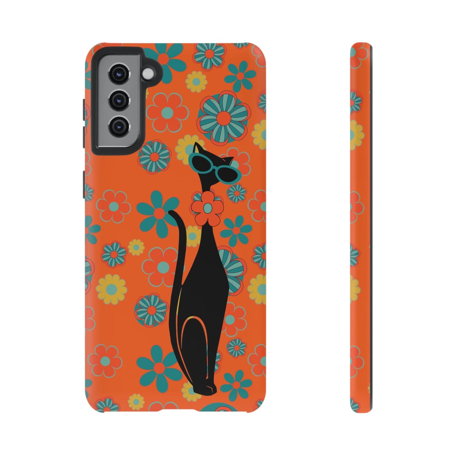 Flower Power, Retro Groovy Atomic Cat, Hipster Style Orange Samsung Galaxy and Google Pixel Tough Cases Phone Case