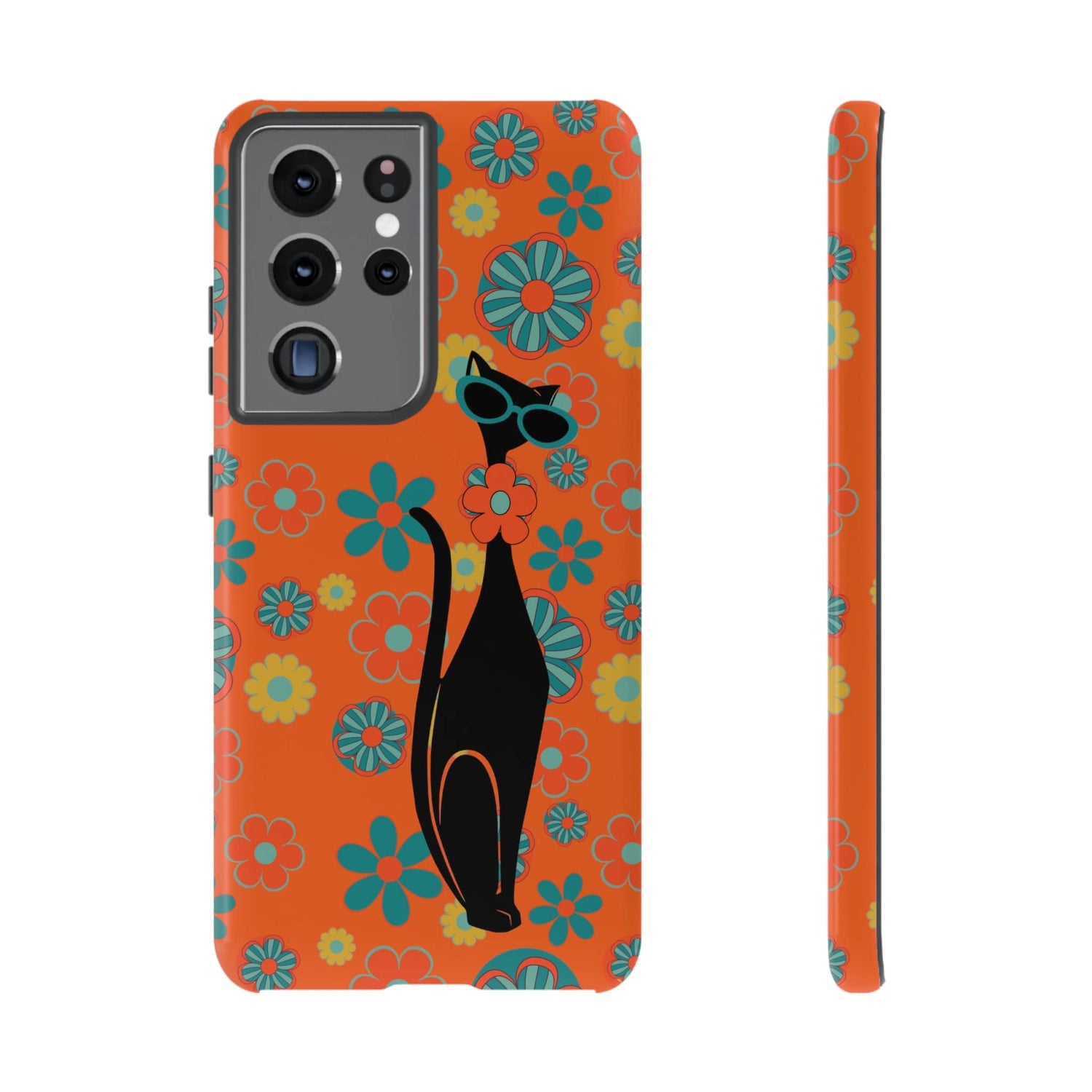 Flower Power, Retro Groovy Atomic Cat, Hipster Style Orange Samsung Galaxy and Google Pixel Tough Cases Phone Case