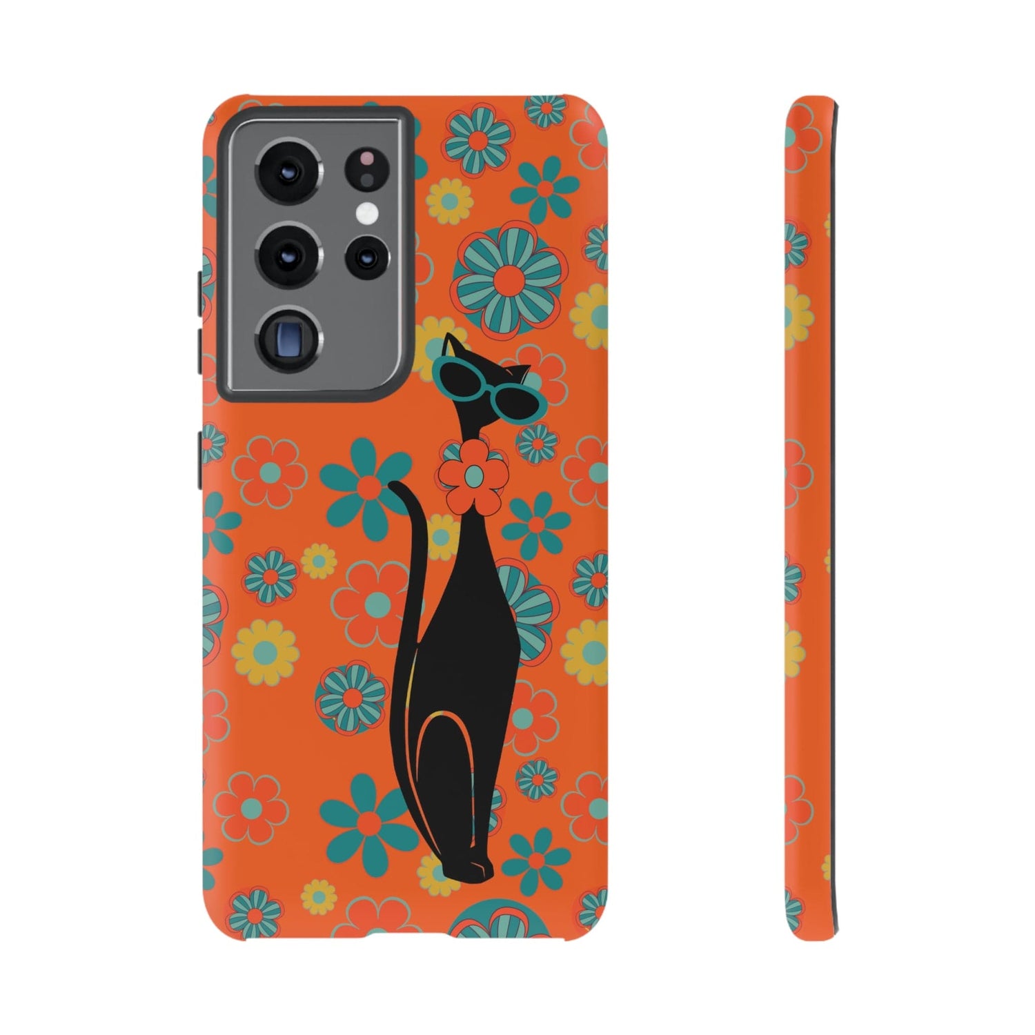 Flower Power, Retro Groovy Atomic Cat, Hipster Style Orange Samsung Galaxy and Google Pixel Tough Cases Phone Case