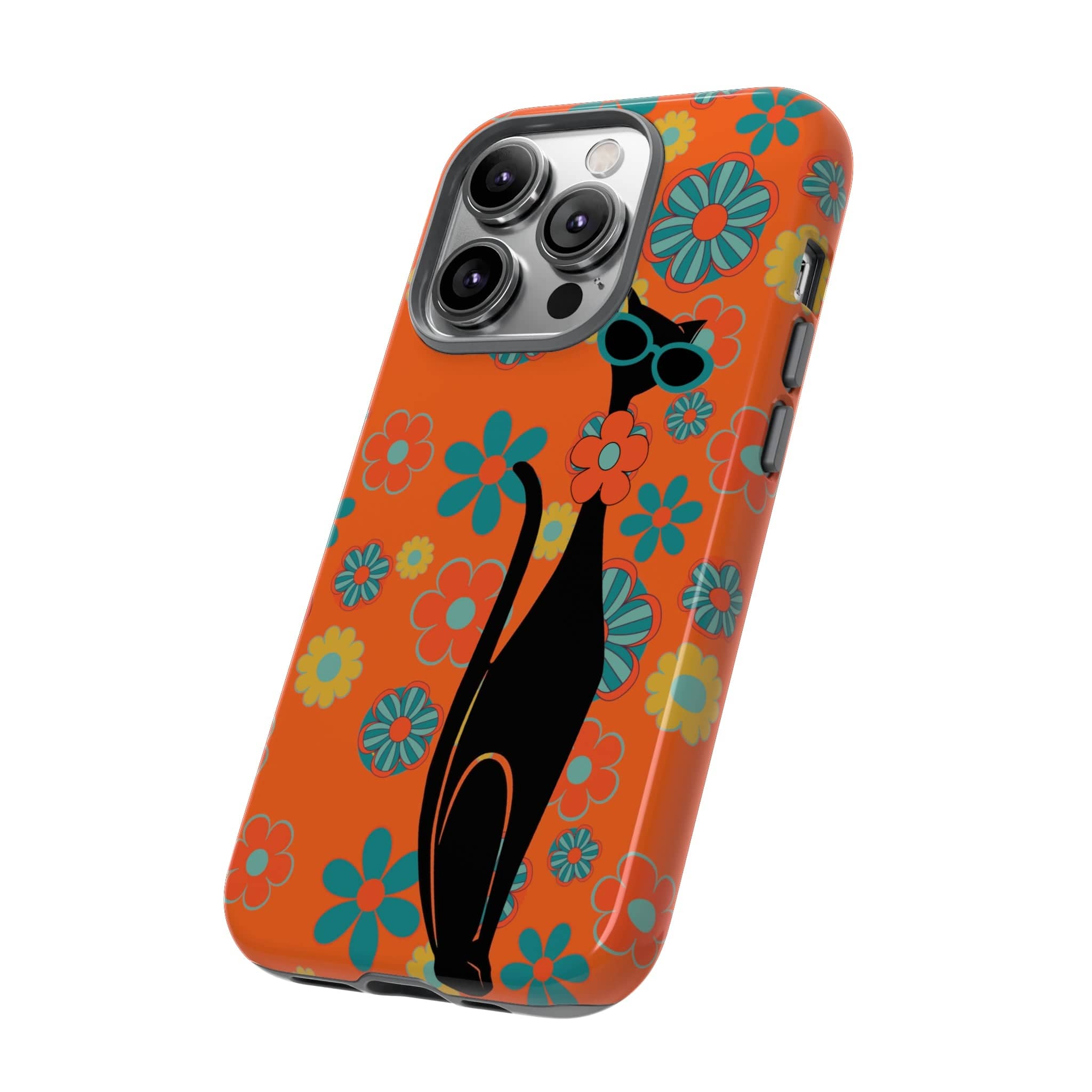 Flower Power, Retro Groovy Atomic Cat, Hipster Style Orange Samsung Galaxy and Google Pixel Tough Cases Phone Case