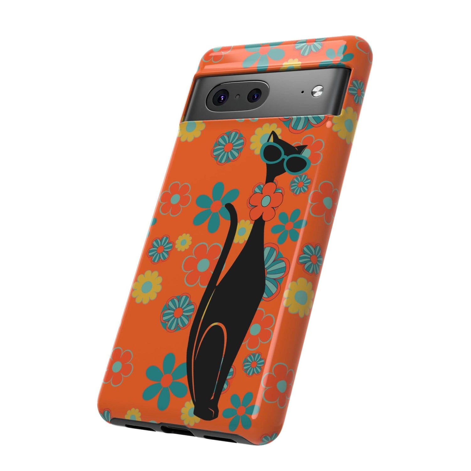 Flower Power, Retro Groovy Atomic Cat, Hipster Style Orange Samsung Galaxy and Google Pixel Tough Cases Phone Case