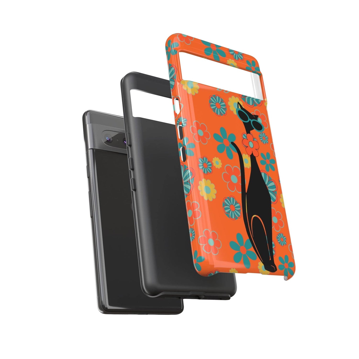 Flower Power, Retro Groovy Atomic Cat, Hipster Style Orange Samsung Galaxy and Google Pixel Tough Cases Phone Case