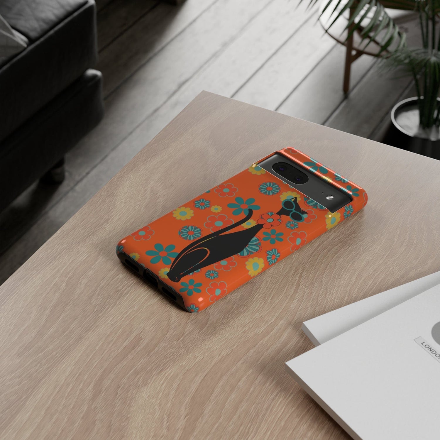 Flower Power, Retro Groovy Atomic Cat, Hipster Style Orange Samsung Galaxy and Google Pixel Tough Cases Phone Case