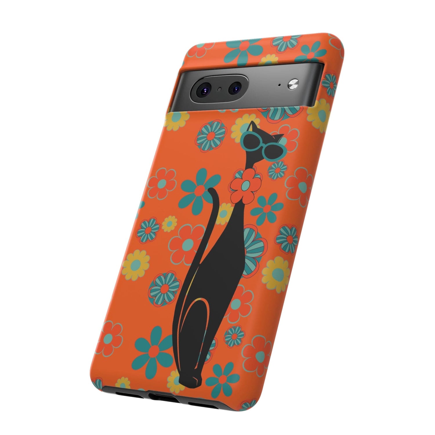 Flower Power, Retro Groovy Atomic Cat, Hipster Style Orange Samsung Galaxy and Google Pixel Tough Cases Phone Case
