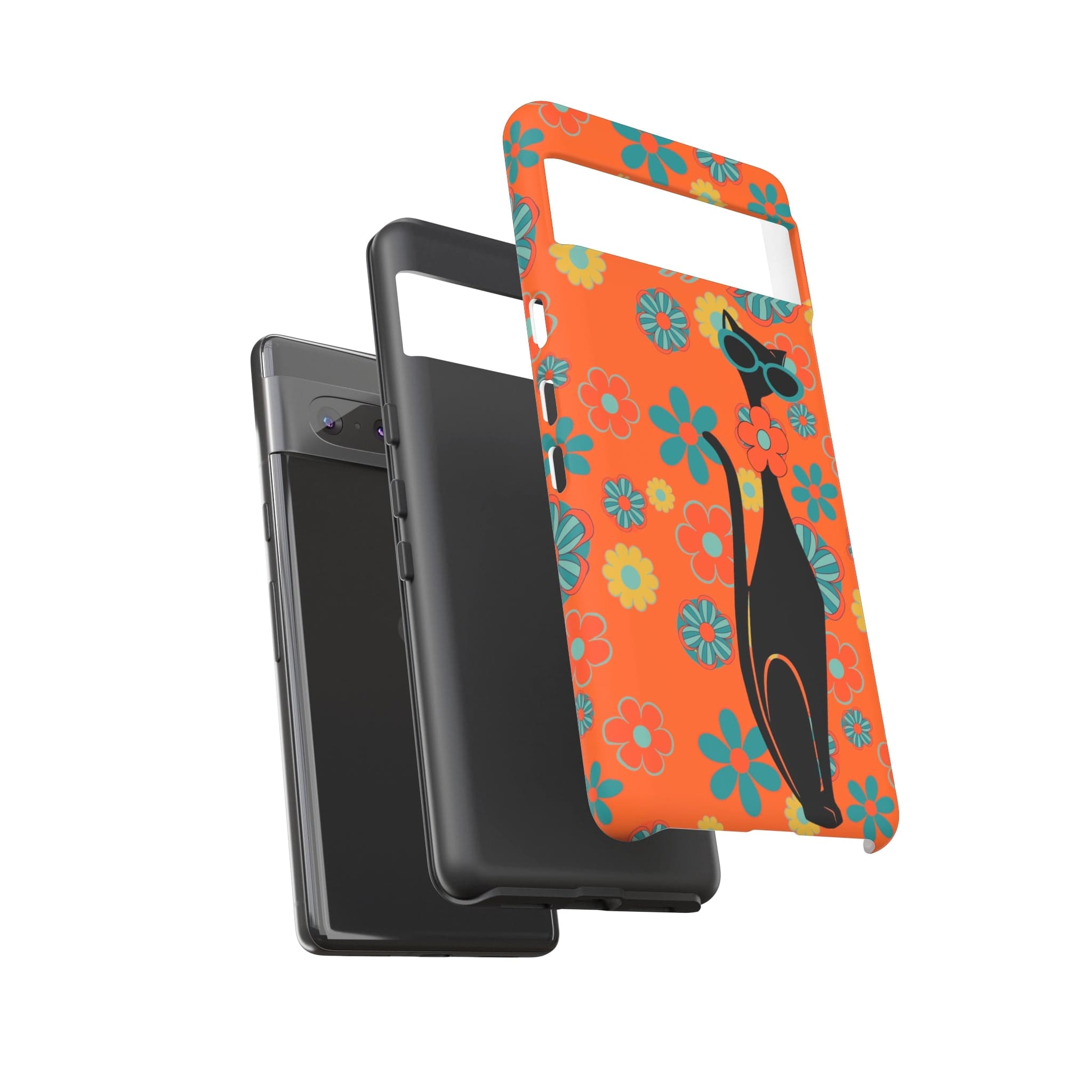 Flower Power, Retro Groovy Atomic Cat, Hipster Style Orange Samsung Galaxy and Google Pixel Tough Cases Phone Case