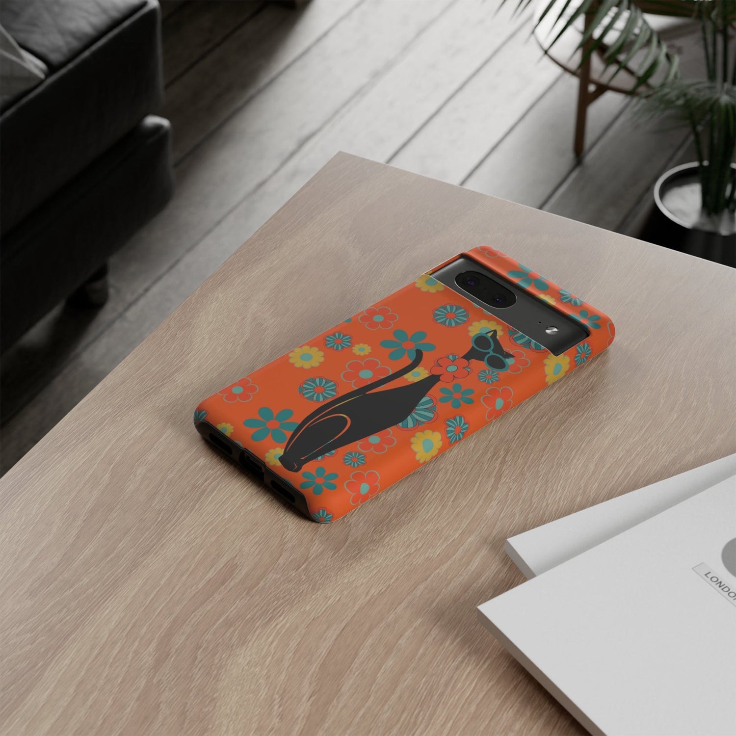 Flower Power, Retro Groovy Atomic Cat, Hipster Style Orange Samsung Galaxy and Google Pixel Tough Cases Phone Case