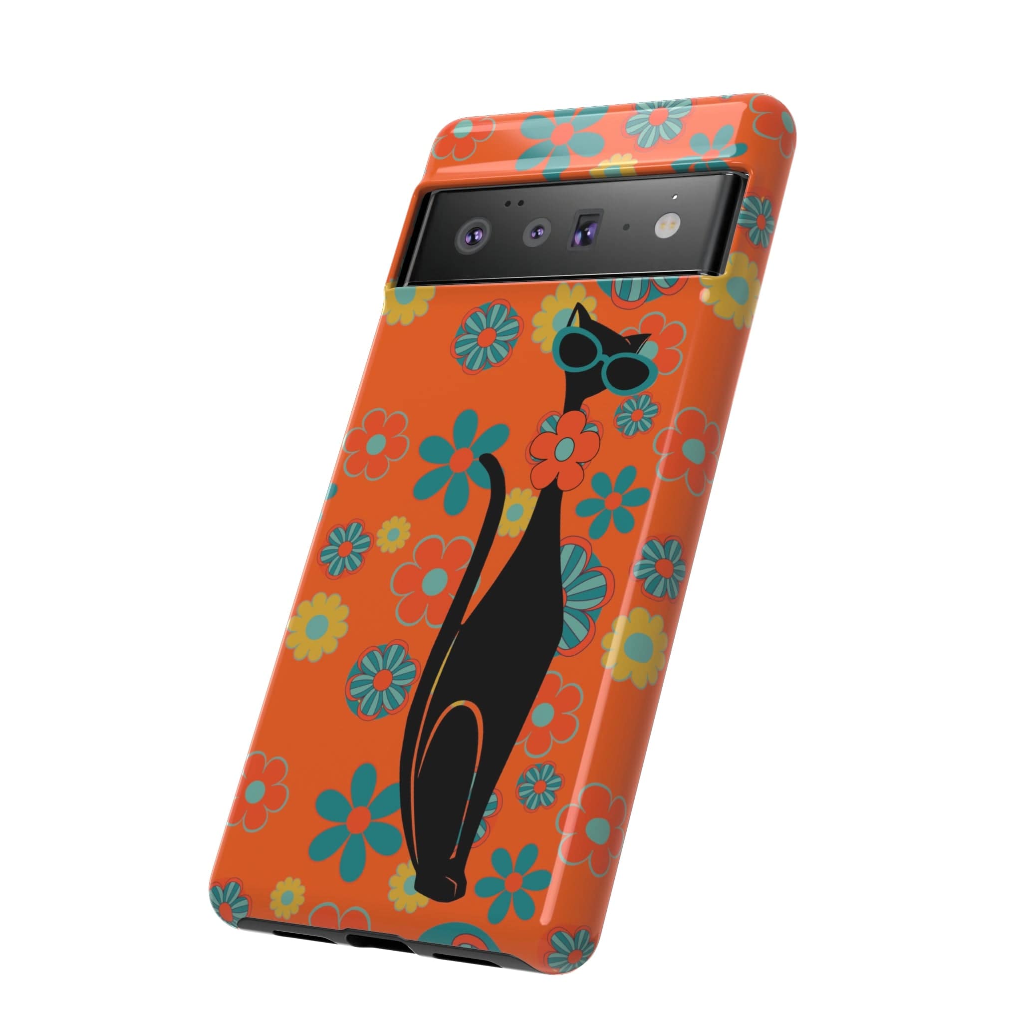 Flower Power, Retro Groovy Atomic Cat, Hipster Style Orange Samsung Galaxy and Google Pixel Tough Cases Phone Case