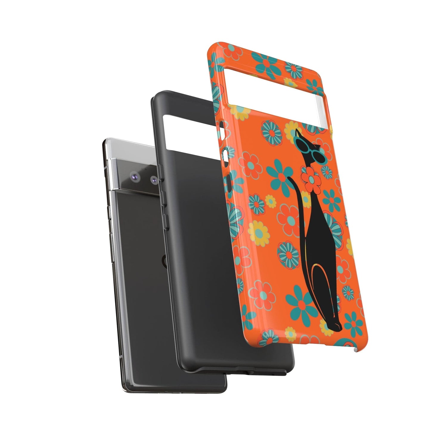 Flower Power, Retro Groovy Atomic Cat, Hipster Style Orange Samsung Galaxy and Google Pixel Tough Cases Phone Case