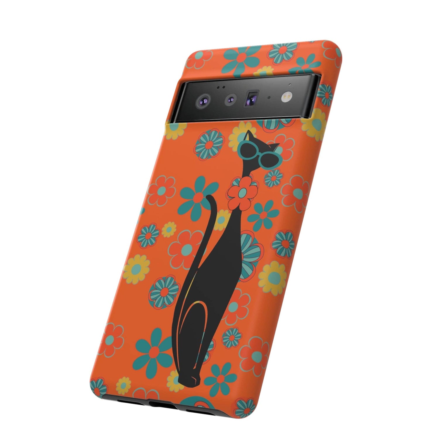 Flower Power, Retro Groovy Atomic Cat, Hipster Style Orange Samsung Galaxy and Google Pixel Tough Cases Phone Case