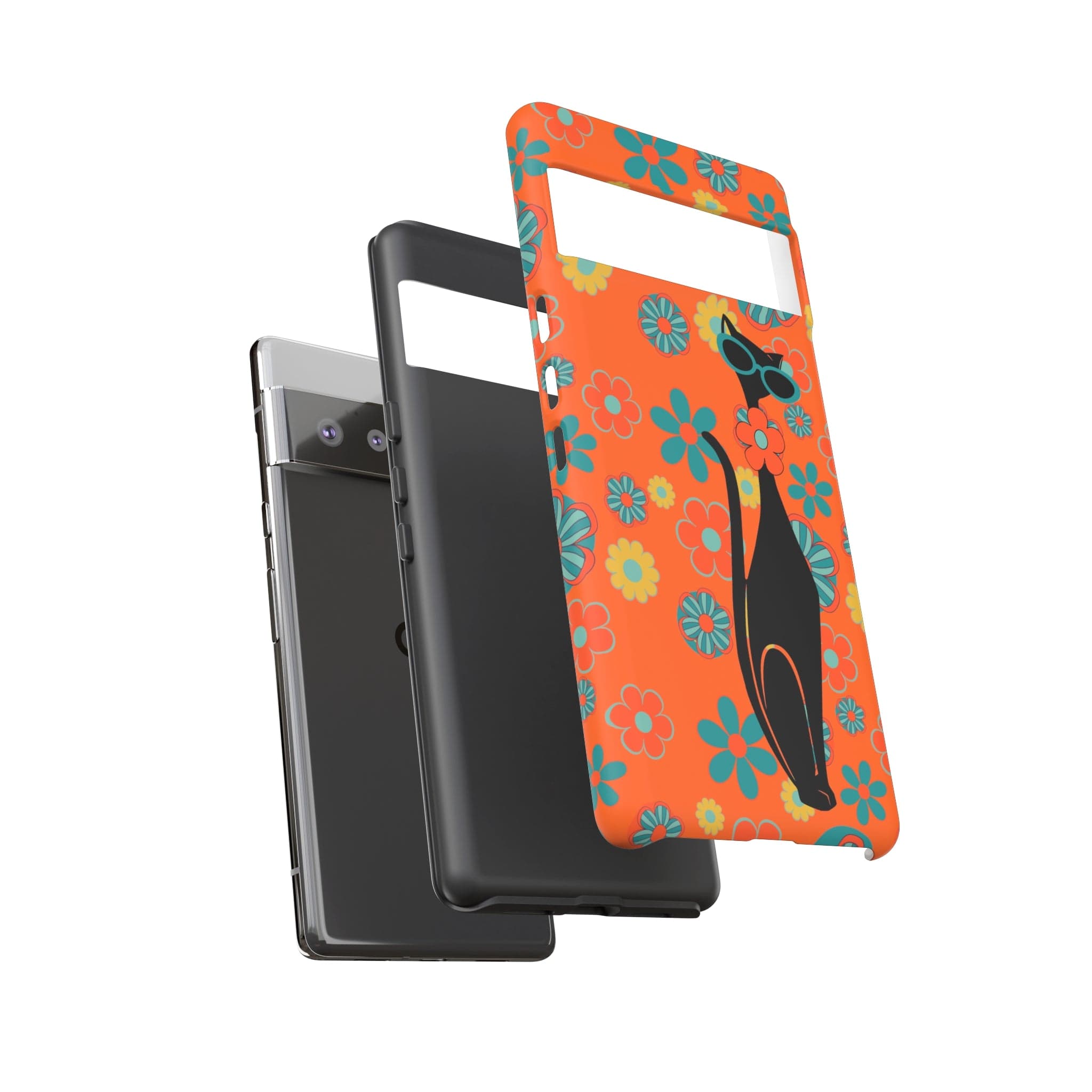 Flower Power, Retro Groovy Atomic Cat, Hipster Style Orange Samsung Galaxy and Google Pixel Tough Cases Phone Case