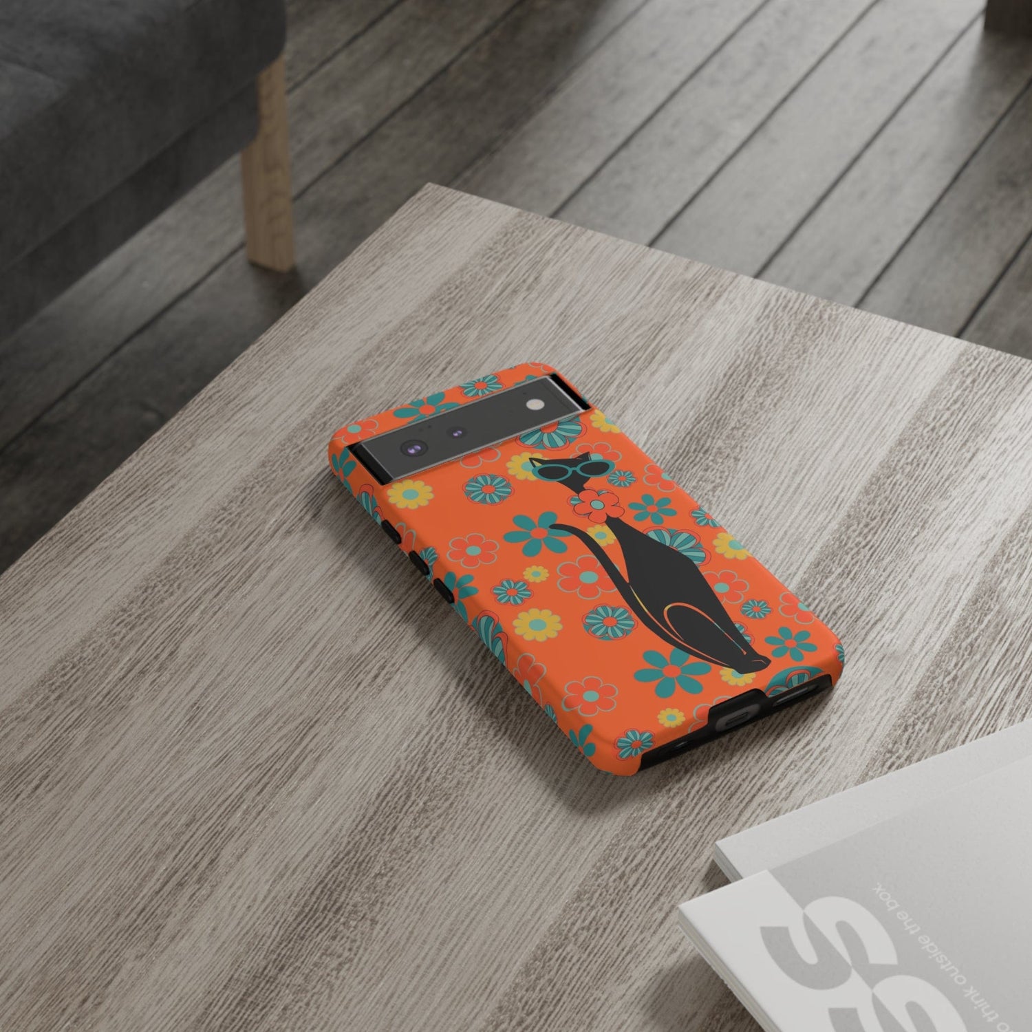 Flower Power, Retro Groovy Atomic Cat, Hipster Style Orange Samsung Galaxy and Google Pixel Tough Cases Phone Case