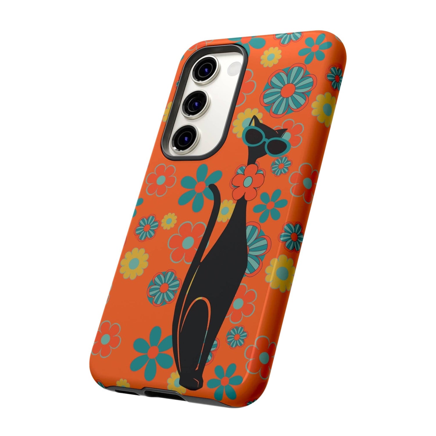 Flower Power, Retro Groovy Atomic Cat, Hipster Style Orange Samsung Galaxy and Google Pixel Tough Cases Phone Case