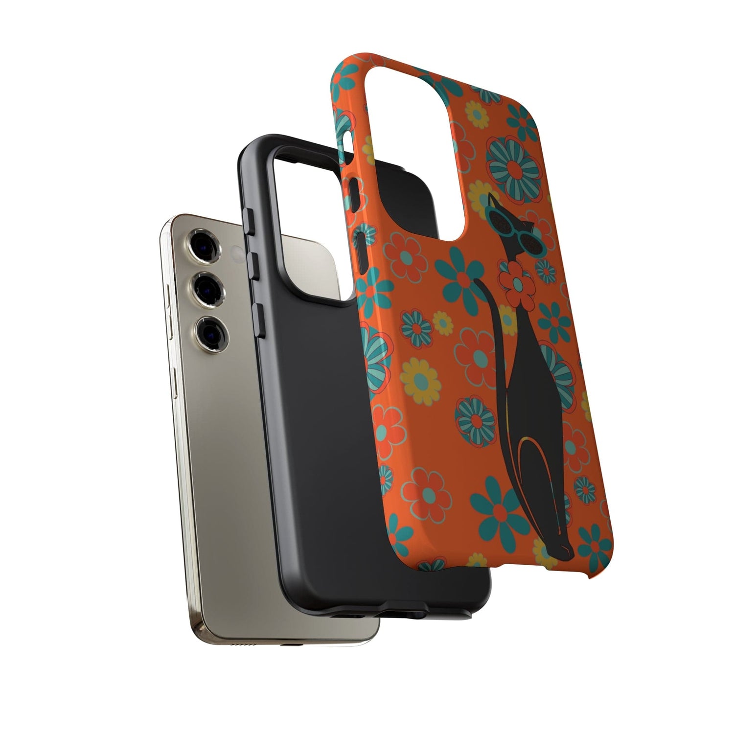 Flower Power, Retro Groovy Atomic Cat, Hipster Style Orange Samsung Galaxy and Google Pixel Tough Cases Phone Case
