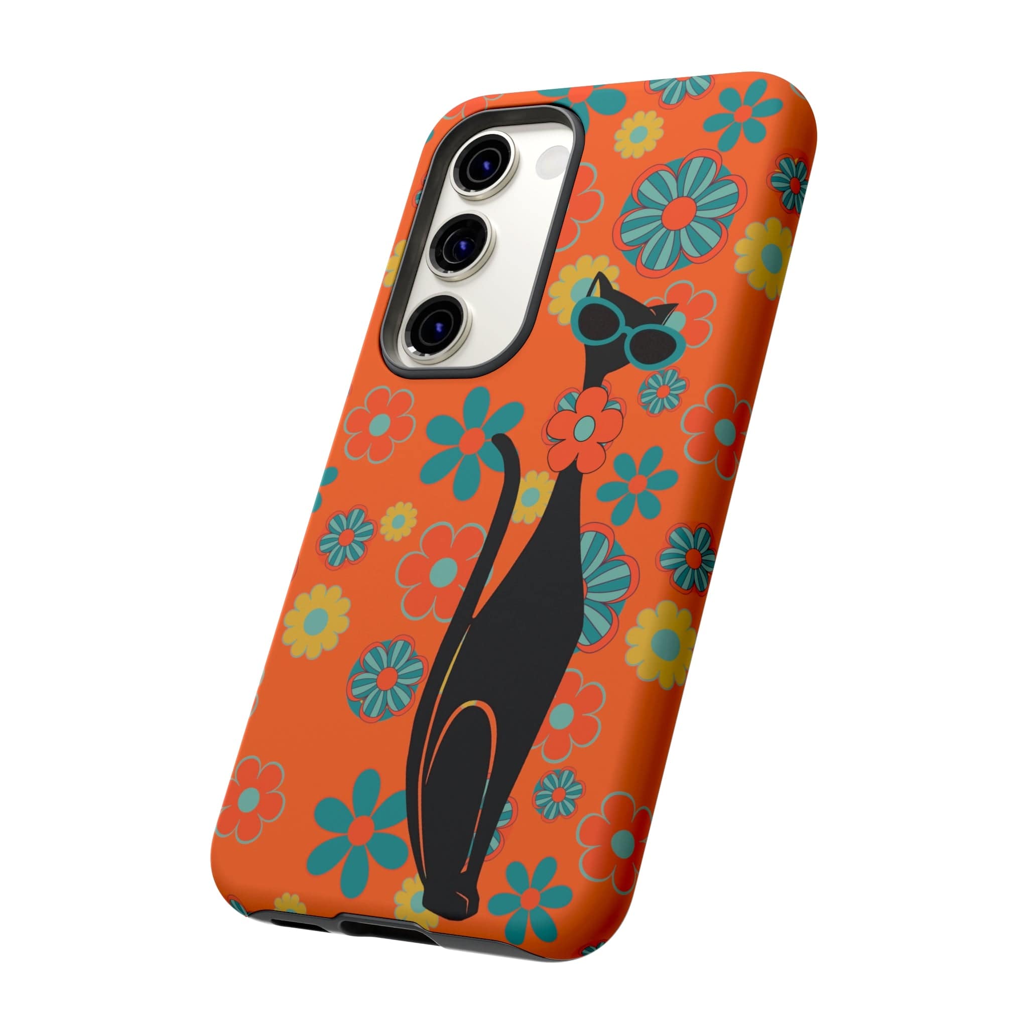 Flower Power, Retro Groovy Atomic Cat, Hipster Style Orange Samsung Galaxy and Google Pixel Tough Cases Phone Case
