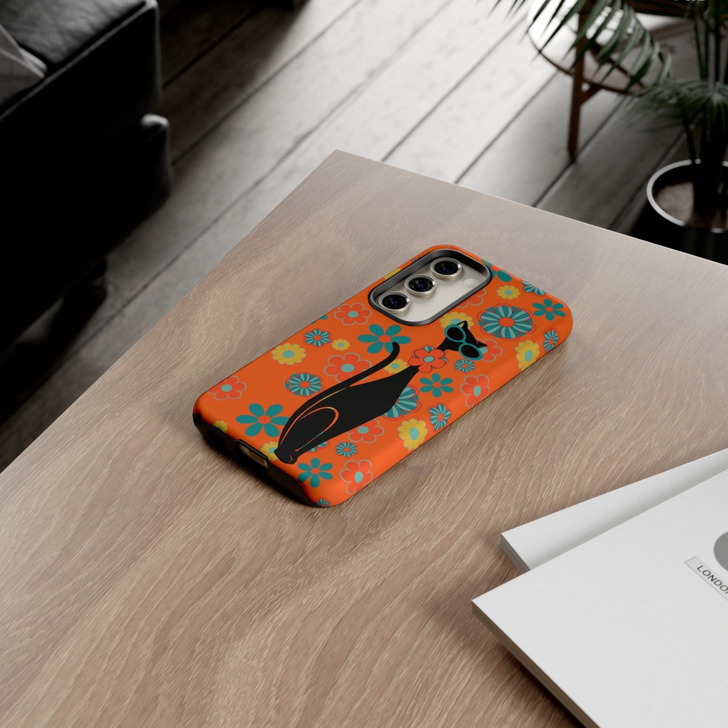 Flower Power, Retro Groovy Atomic Cat, Hipster Style Orange Samsung Galaxy and Google Pixel Tough Cases Phone Case