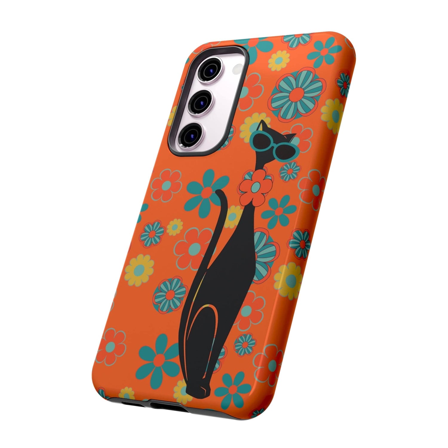 Flower Power, Retro Groovy Atomic Cat, Hipster Style Orange Samsung Galaxy and Google Pixel Tough Cases Phone Case
