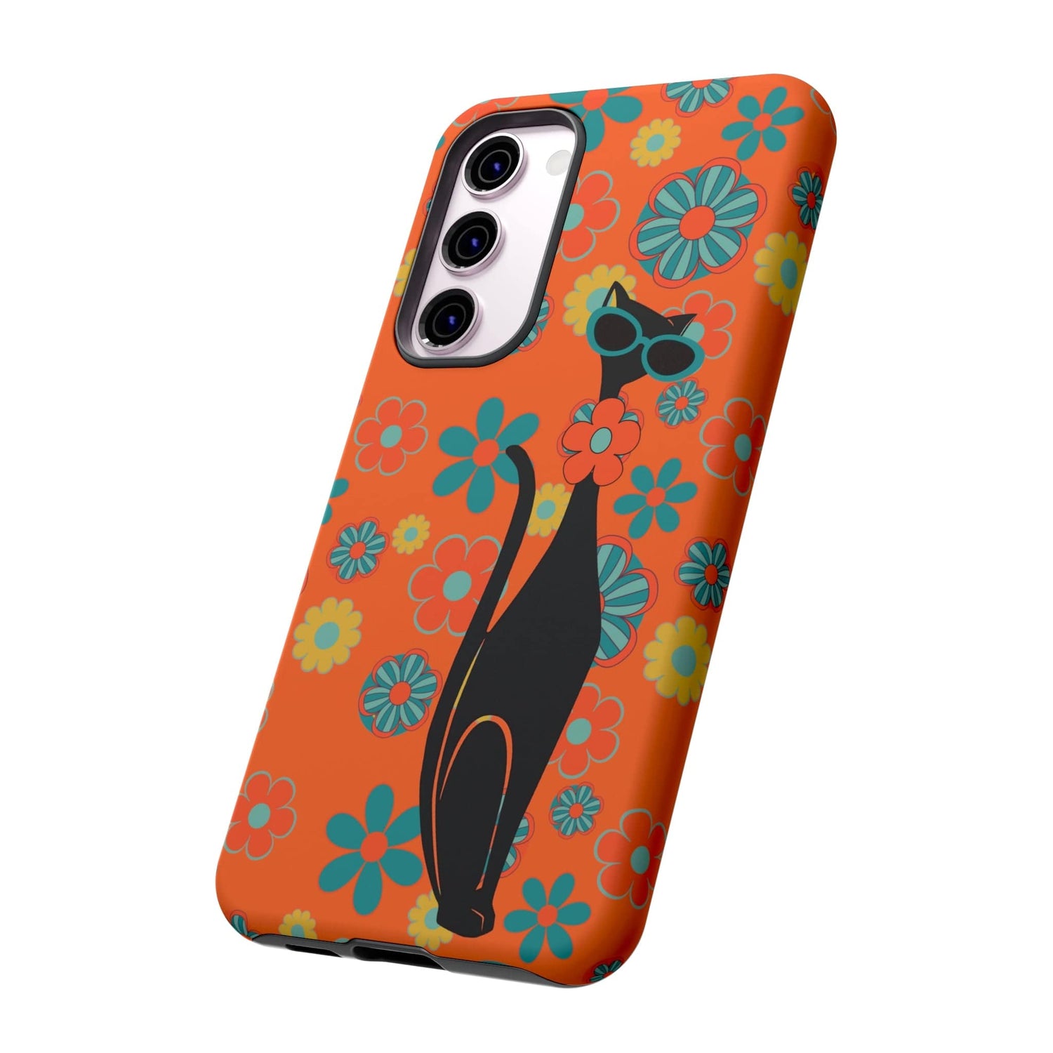 Flower Power, Retro Groovy Atomic Cat, Hipster Style Orange Samsung Galaxy and Google Pixel Tough Cases Phone Case