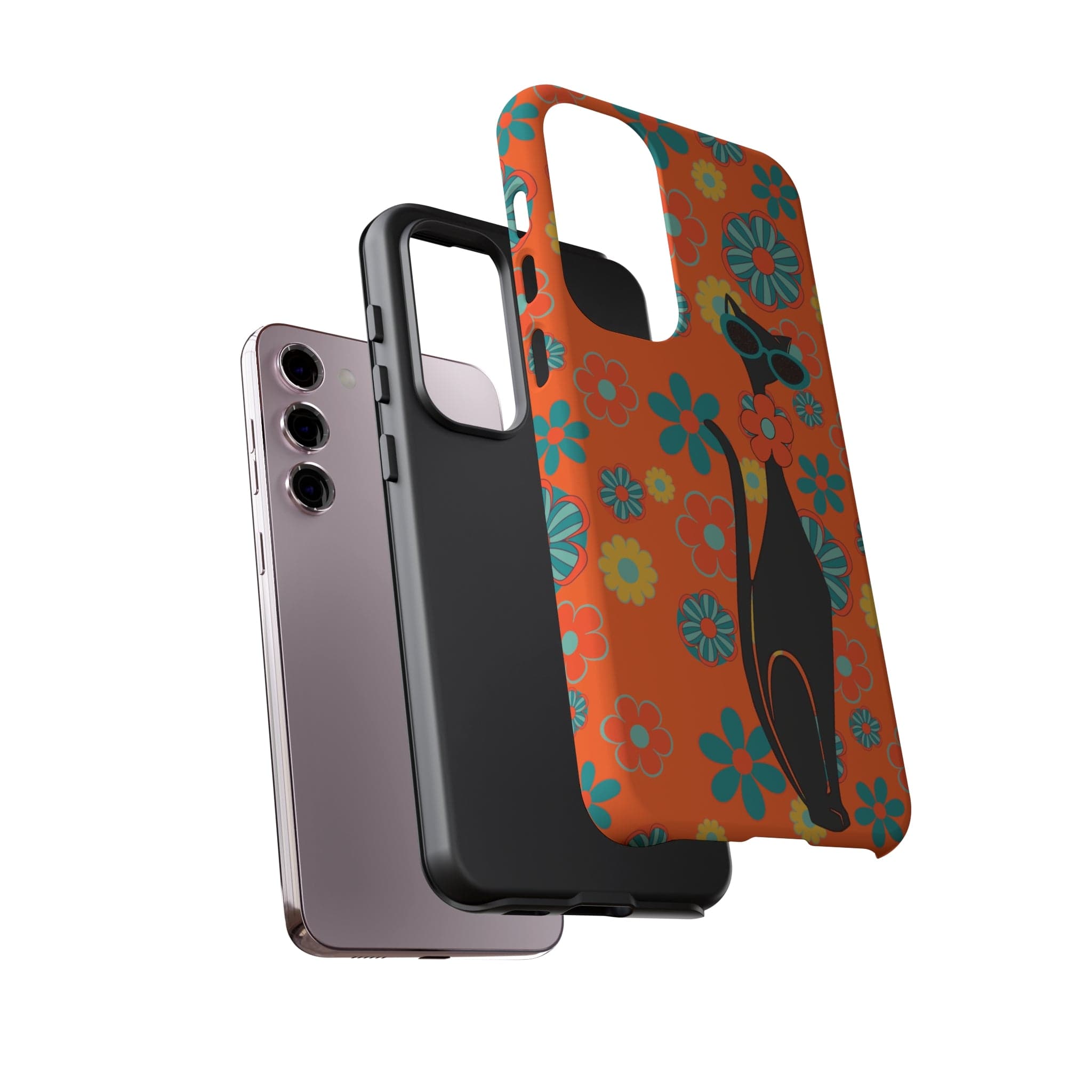 Flower Power, Retro Groovy Atomic Cat, Hipster Style Orange Samsung Galaxy and Google Pixel Tough Cases Phone Case