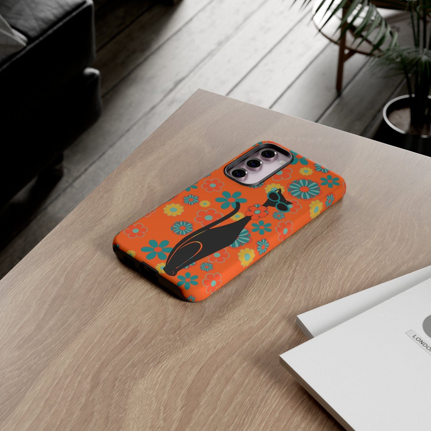 Flower Power, Retro Groovy Atomic Cat, Hipster Style Orange Samsung Galaxy and Google Pixel Tough Cases Phone Case