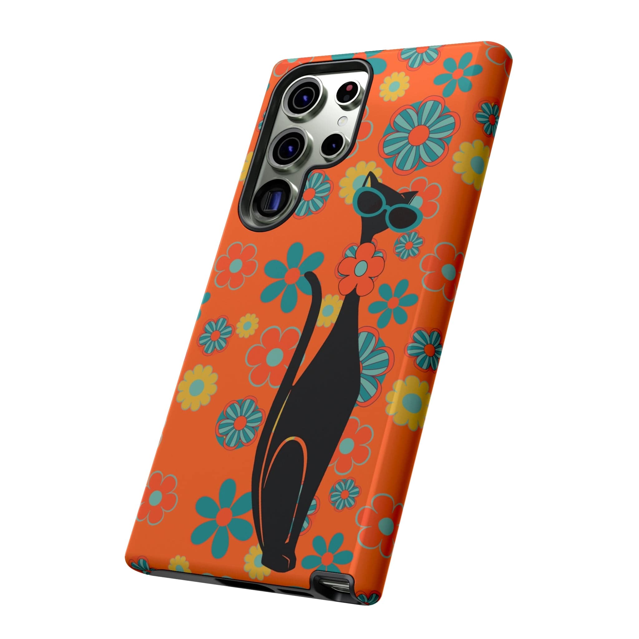 Flower Power, Retro Groovy Atomic Cat, Hipster Style Orange Samsung Galaxy and Google Pixel Tough Cases Phone Case