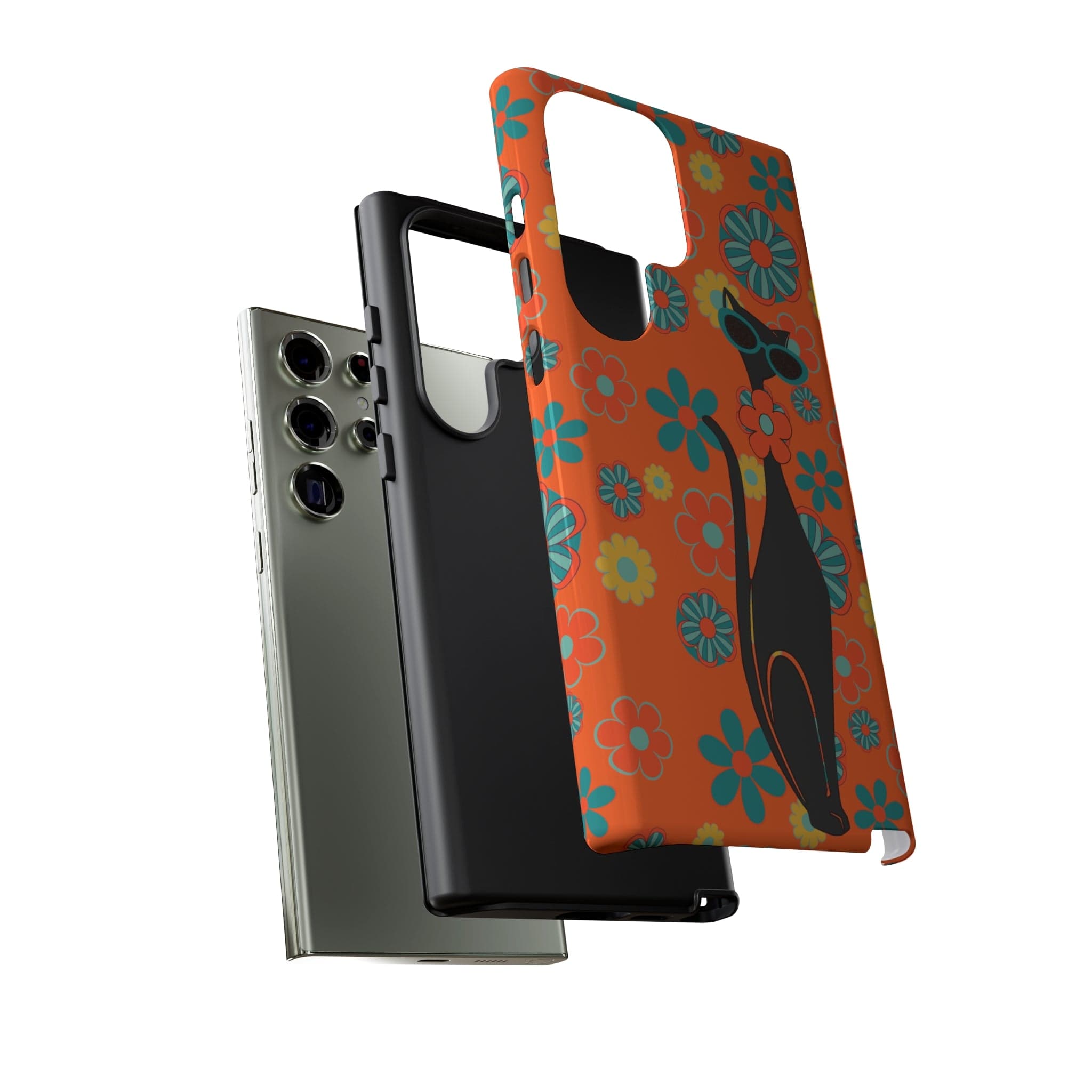 Flower Power, Retro Groovy Atomic Cat, Hipster Style Orange Samsung Galaxy and Google Pixel Tough Cases Phone Case