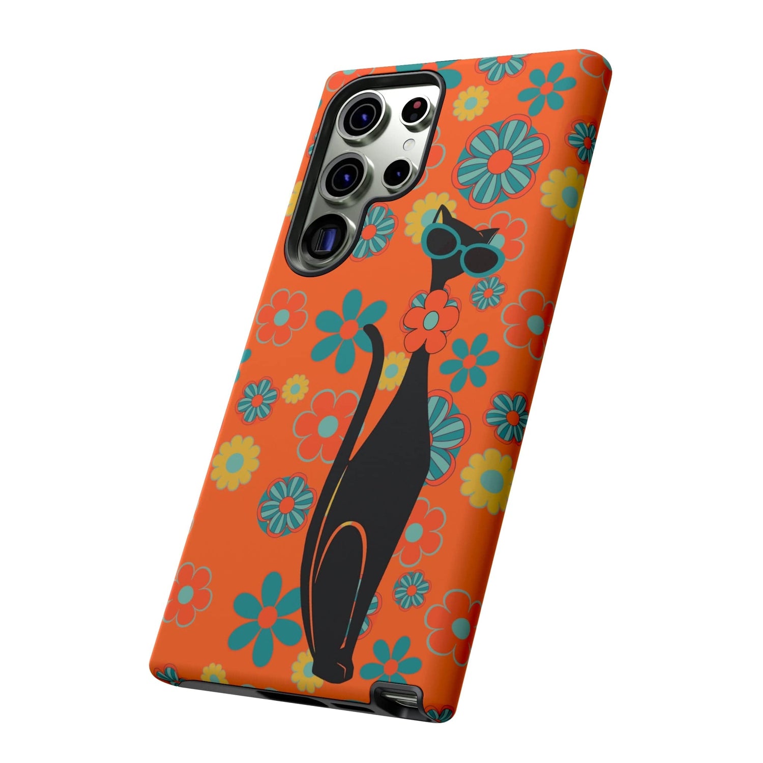 Flower Power, Retro Groovy Atomic Cat, Hipster Style Orange Samsung Galaxy and Google Pixel Tough Cases Phone Case