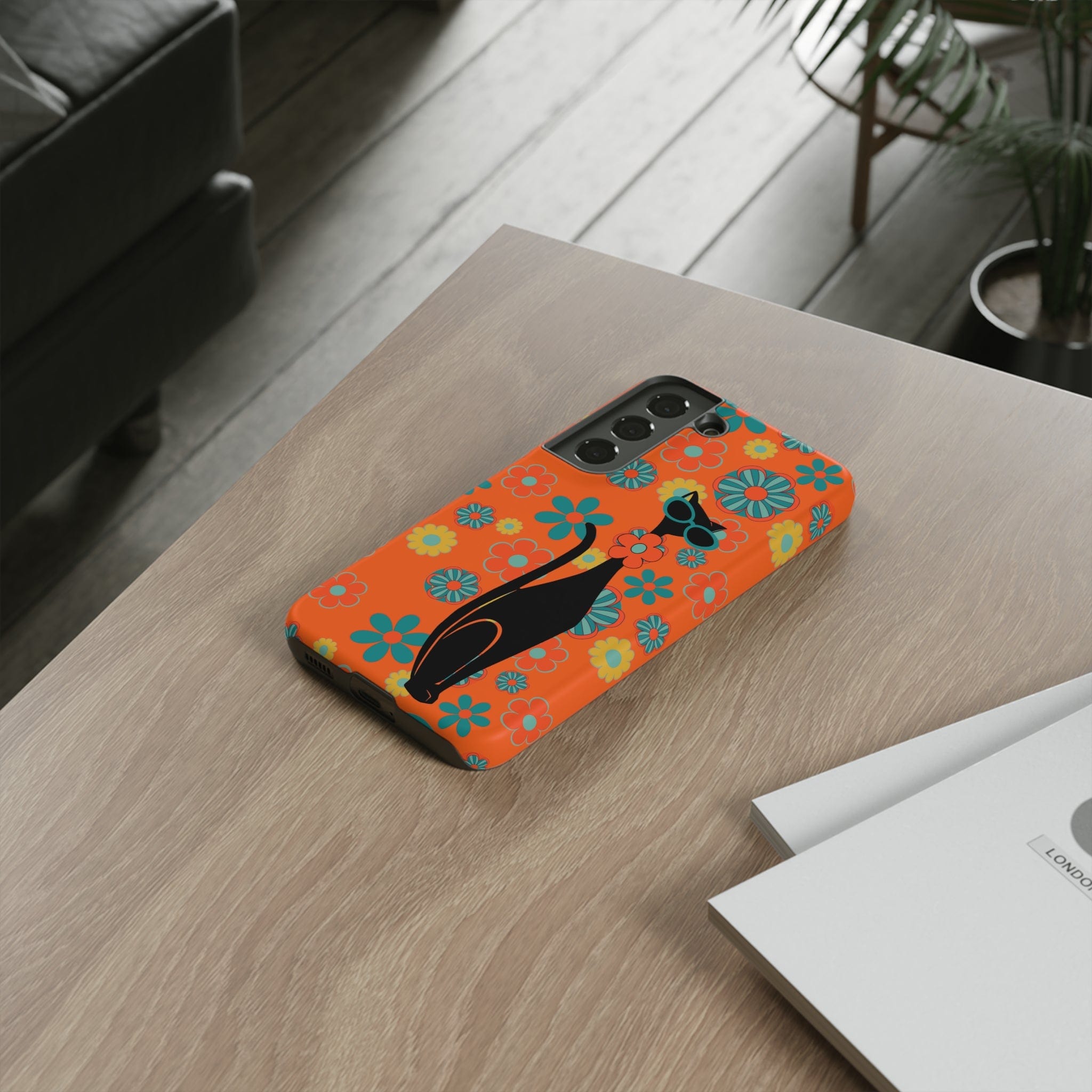 Flower Power, Retro Groovy Atomic Cat, Hipster Style Orange Samsung Galaxy and Google Pixel Tough Cases Phone Case