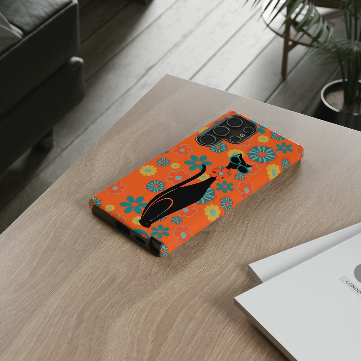 Flower Power, Retro Groovy Atomic Cat, Hipster Style Orange Samsung Galaxy and Google Pixel Tough Cases Phone Case