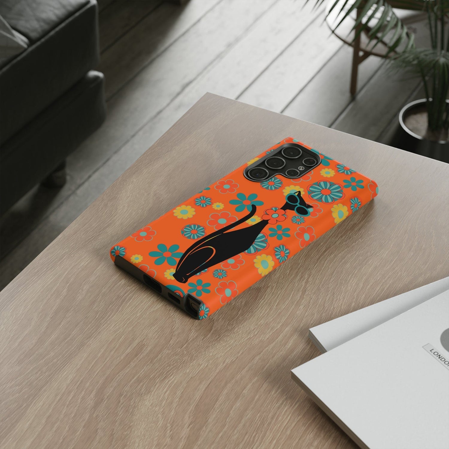 Flower Power, Retro Groovy Atomic Cat, Hipster Style Orange Samsung Galaxy and Google Pixel Tough Cases Phone Case