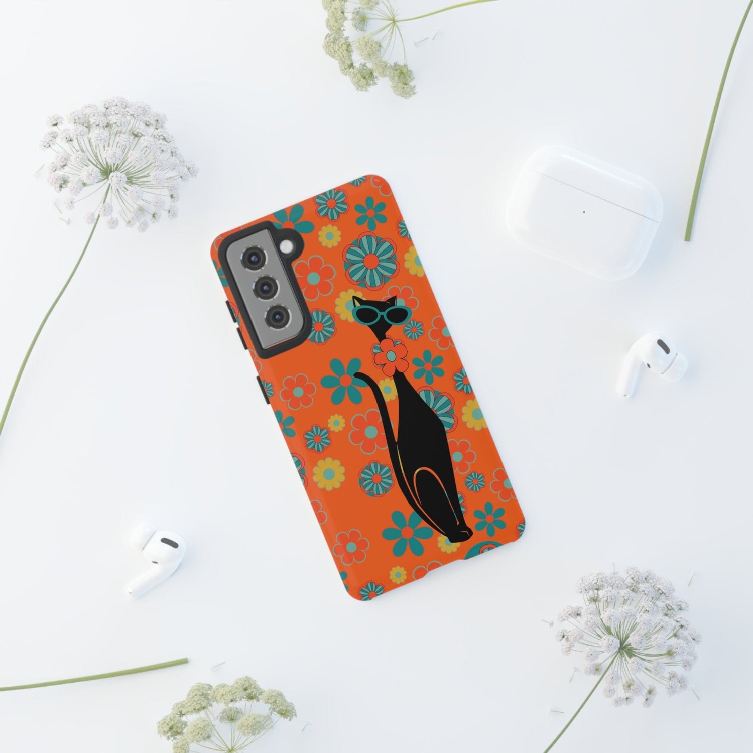 Flower Power, Retro Groovy Atomic Cat, Hipster Style Orange Samsung Galaxy and Google Pixel Tough Cases Phone Case
