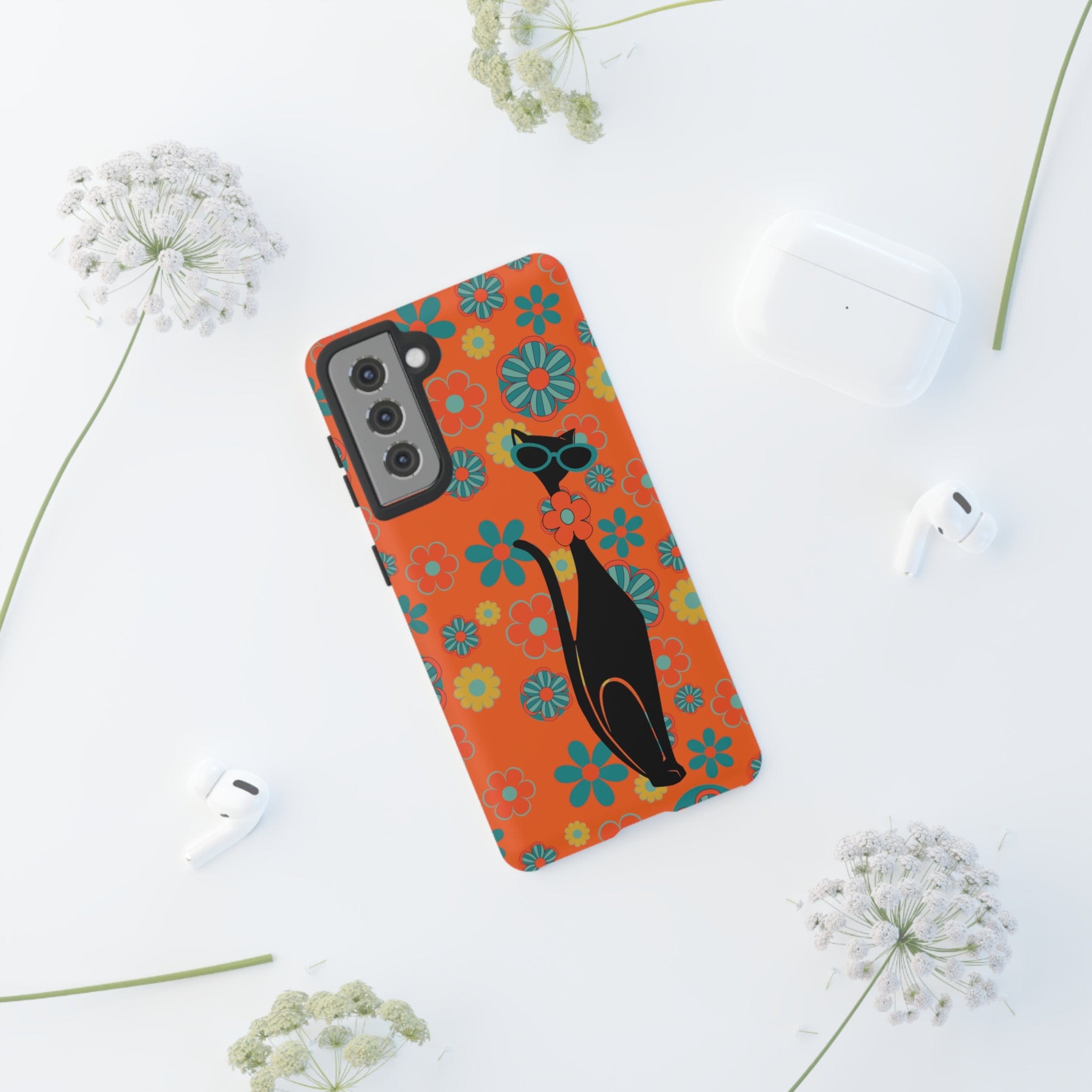 Flower Power, Retro Groovy Atomic Cat, Hipster Style Orange Samsung Galaxy and Google Pixel Tough Cases Phone Case