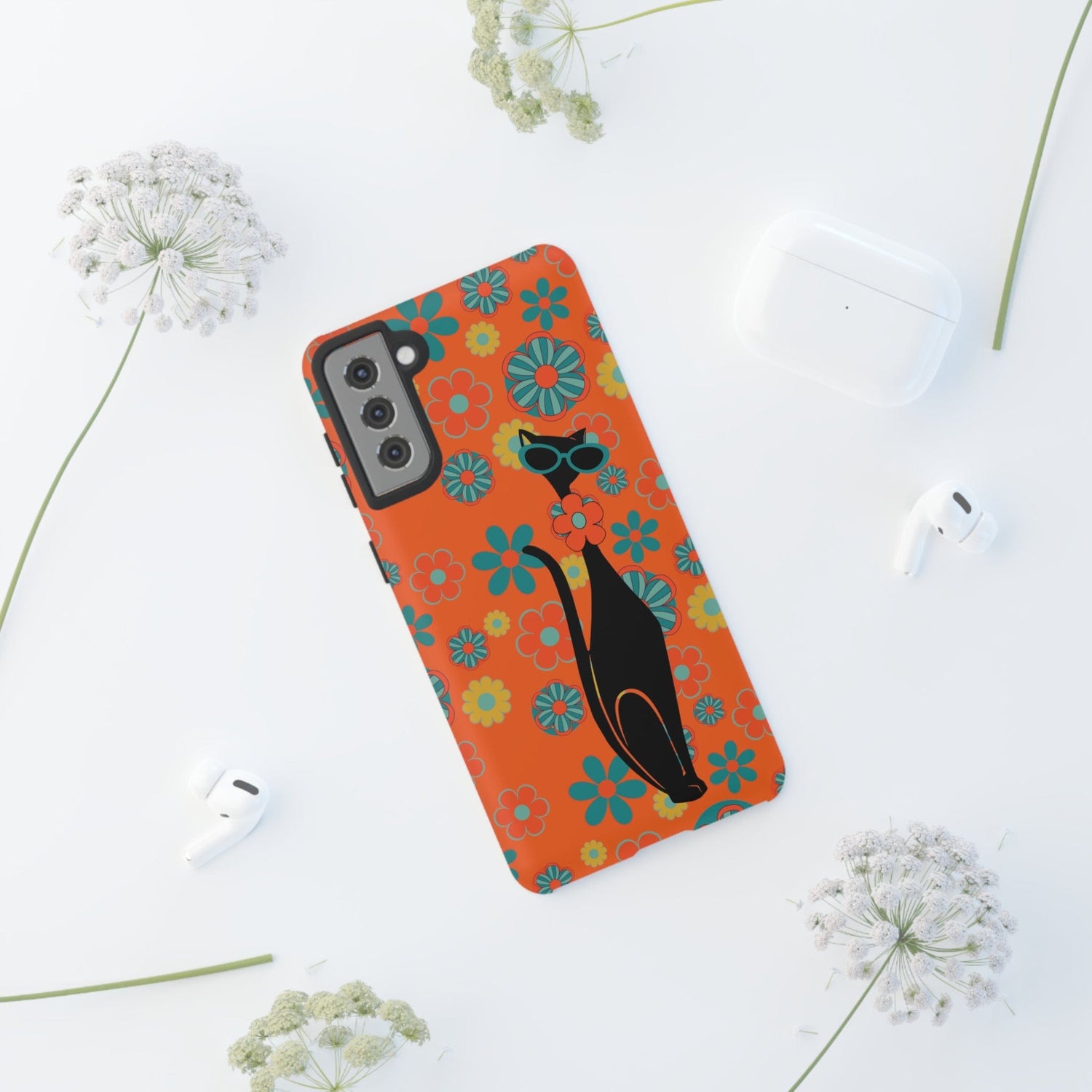 Flower Power, Retro Groovy Atomic Cat, Hipster Style Orange Samsung Galaxy and Google Pixel Tough Cases Phone Case