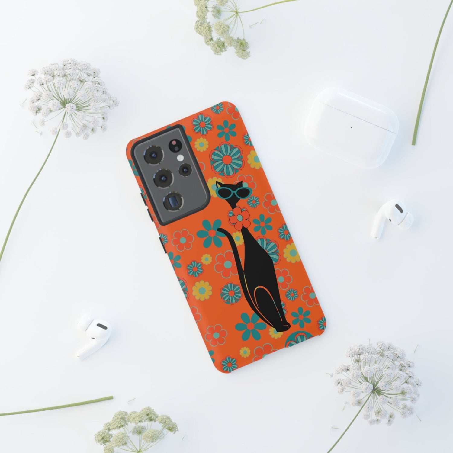 Flower Power, Retro Groovy Atomic Cat, Hipster Style Orange Samsung Galaxy and Google Pixel Tough Cases Phone Case