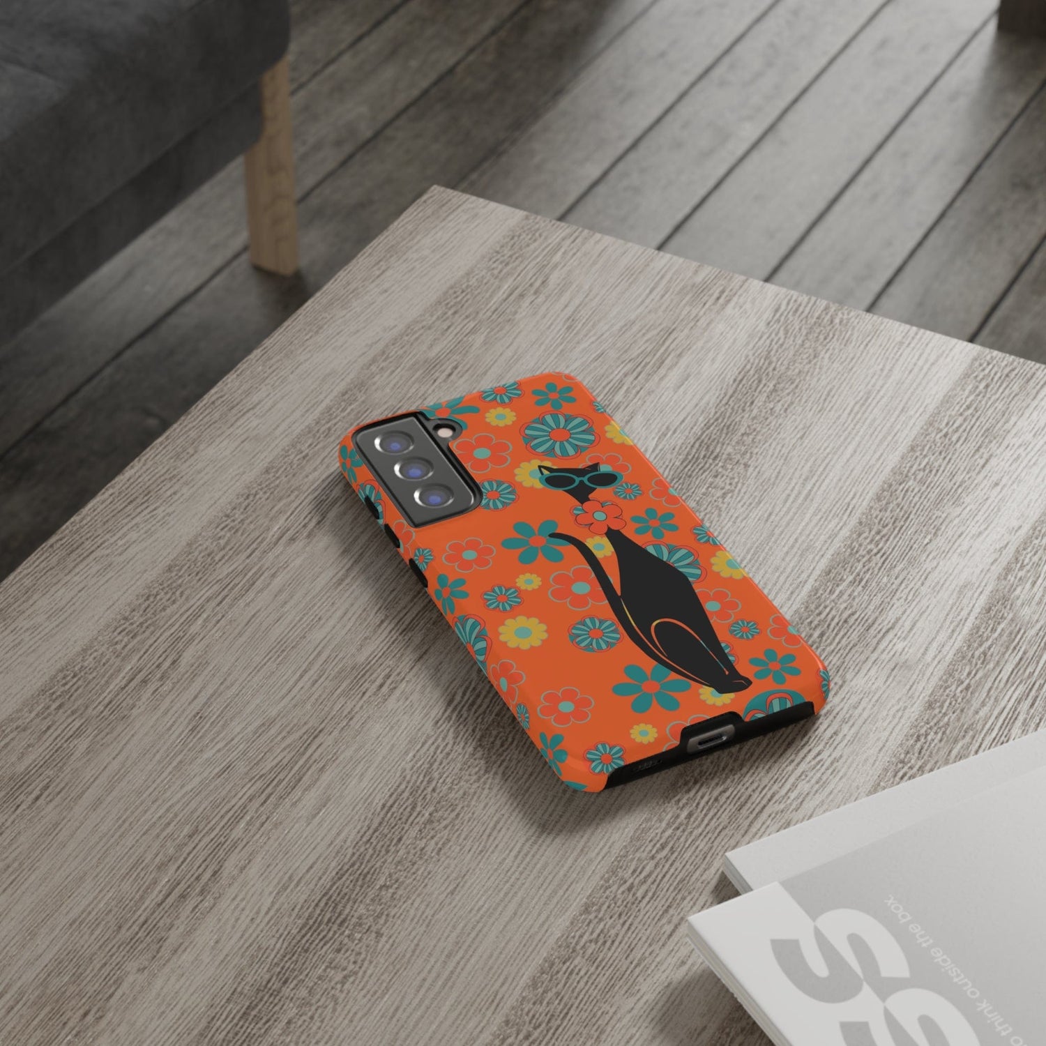 Flower Power, Retro Groovy Atomic Cat, Hipster Style Orange Samsung Galaxy and Google Pixel Tough Cases Phone Case