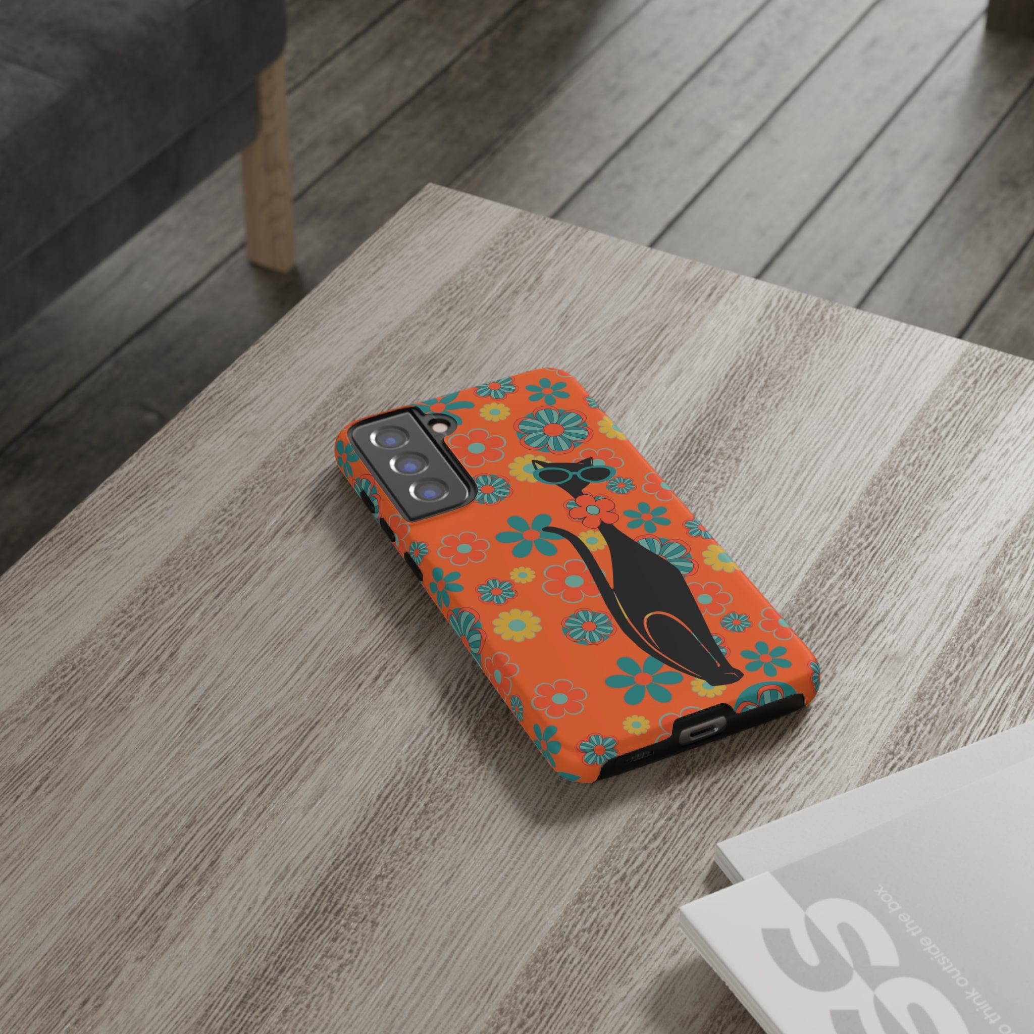 Flower Power, Retro Groovy Atomic Cat, Hipster Style Orange Samsung Galaxy and Google Pixel Tough Cases Phone Case