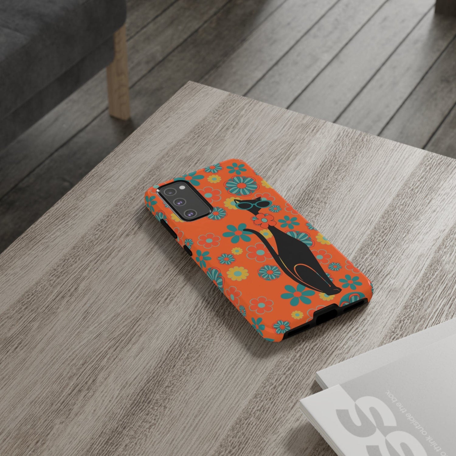 Flower Power, Retro Groovy Atomic Cat, Hipster Style Orange Samsung Galaxy and Google Pixel Tough Cases Phone Case