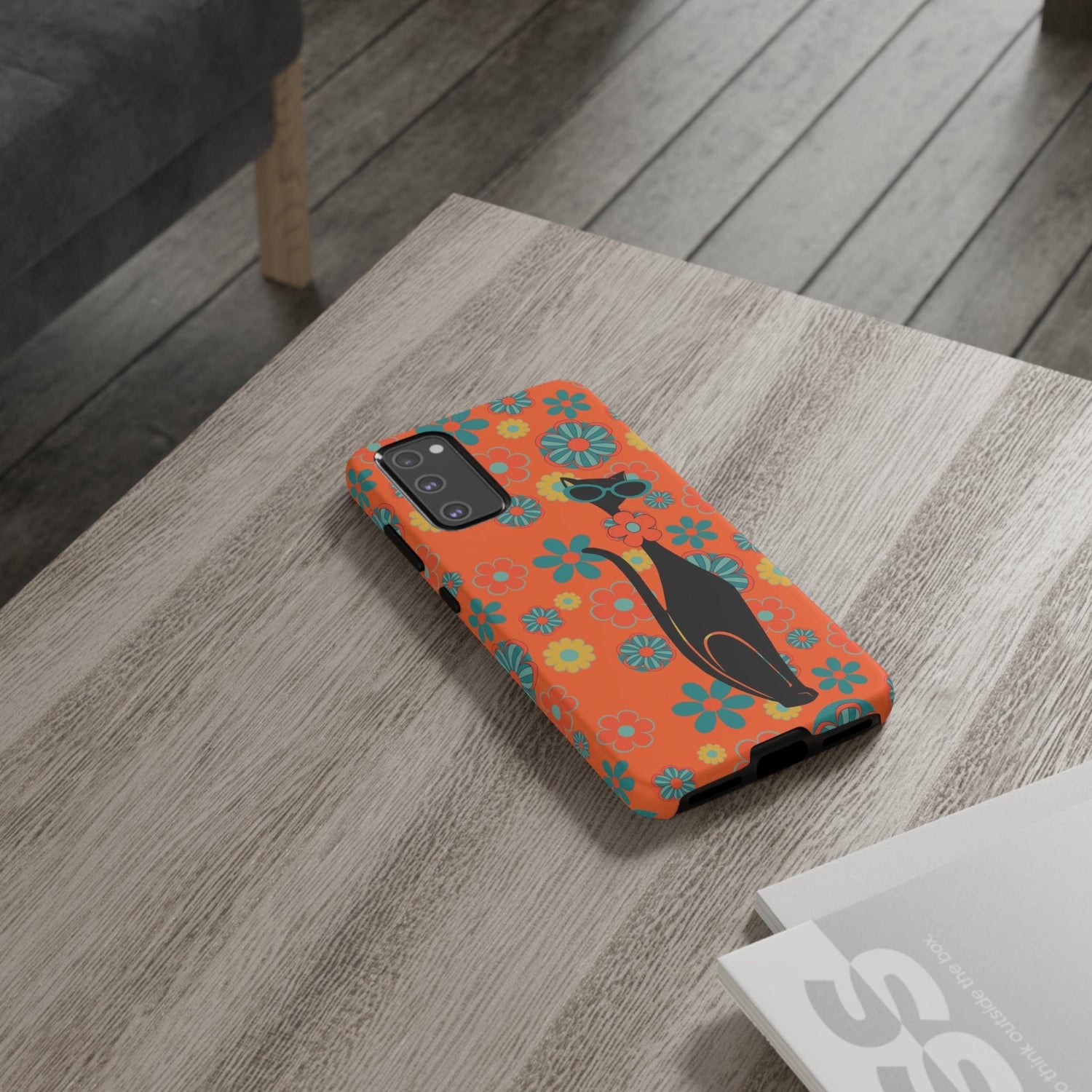 Flower Power, Retro Groovy Atomic Cat, Hipster Style Orange Samsung Galaxy and Google Pixel Tough Cases Phone Case